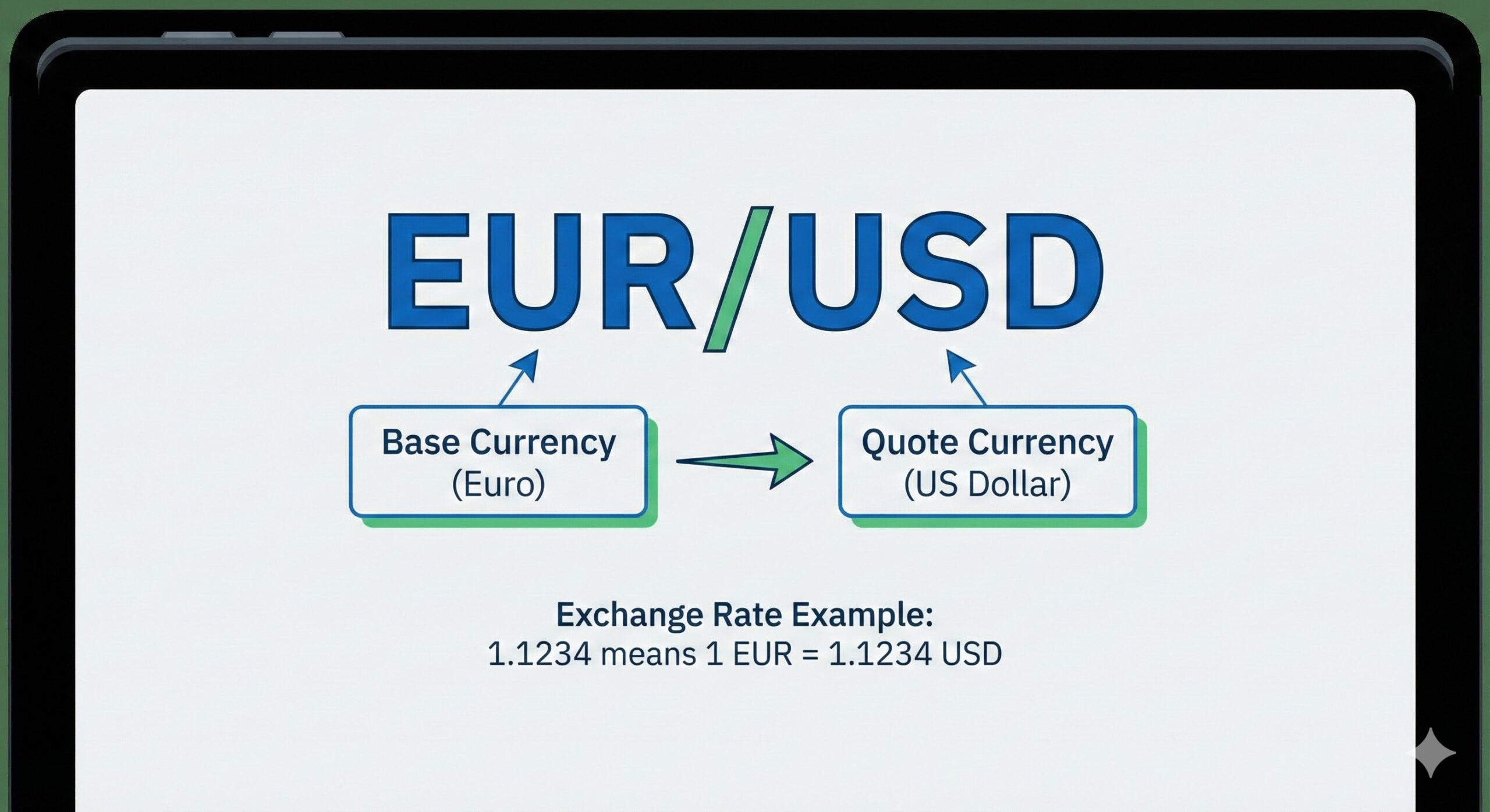 A diagram showing the EUR_USD currency pair with labels for base currency and quote currency.