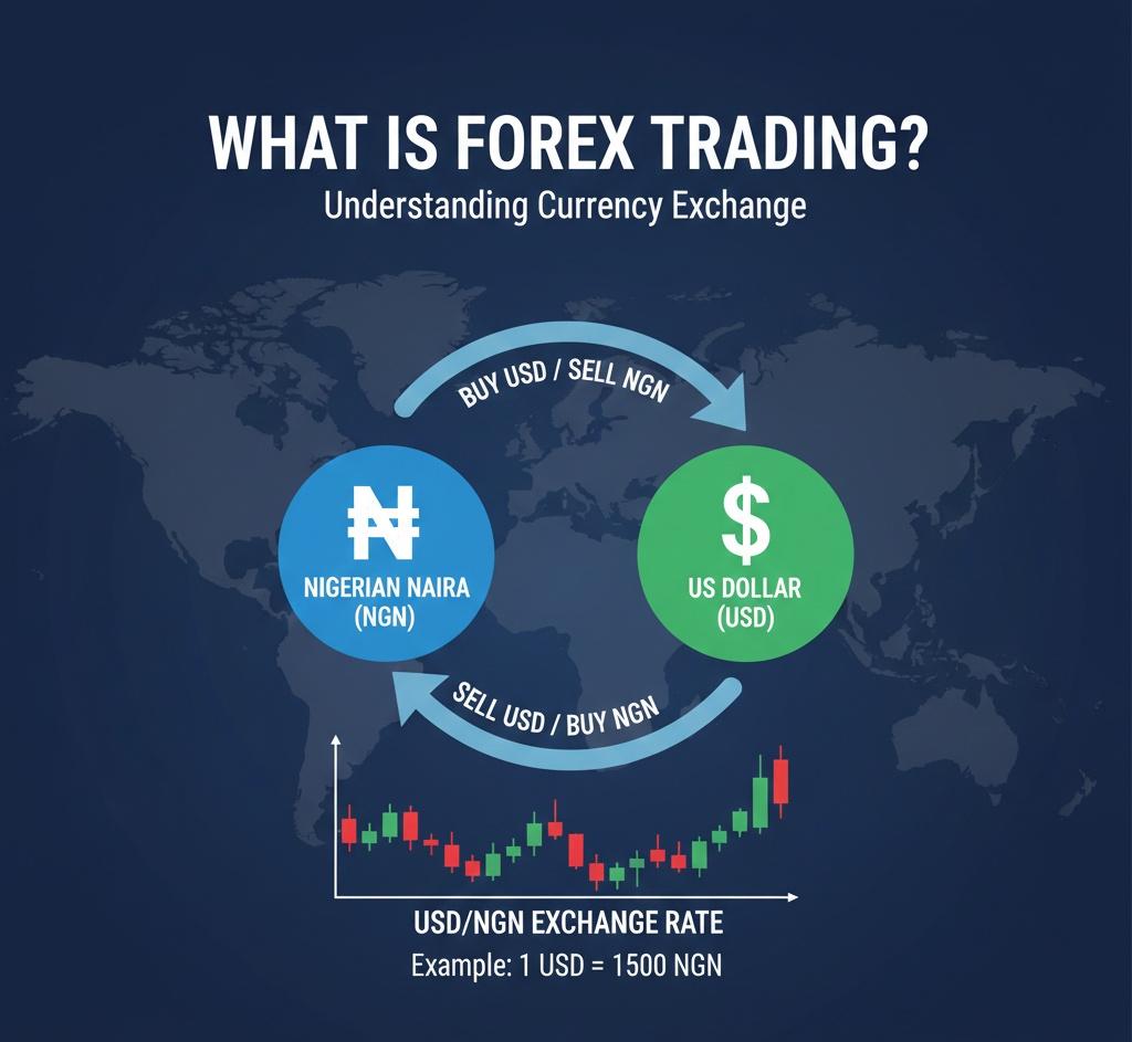 A diagram showing the exchange of Nigerian Naira for US Dollars with an exchange rate chart.