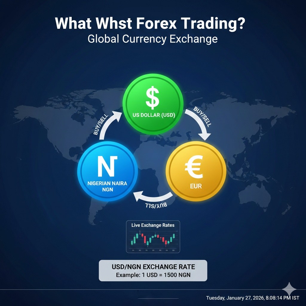 A diagram showing the exchange of various national currencies like the Naira, Dollar, and Euro. (1)