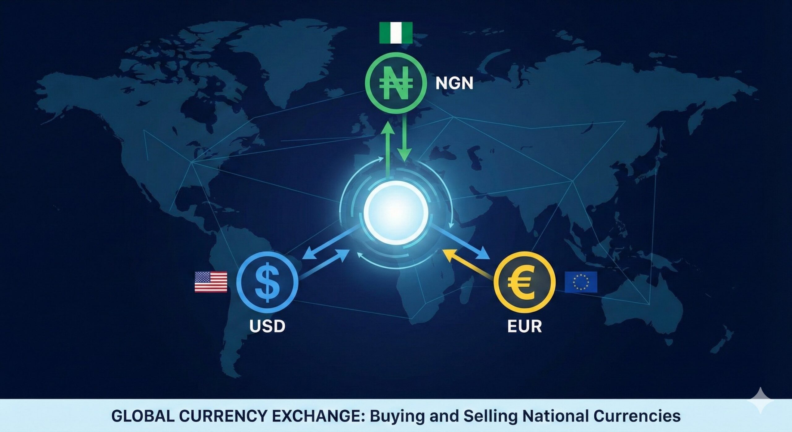 A diagram showing the exchange of various national currencies like the Naira, Dollar, and Euro. 