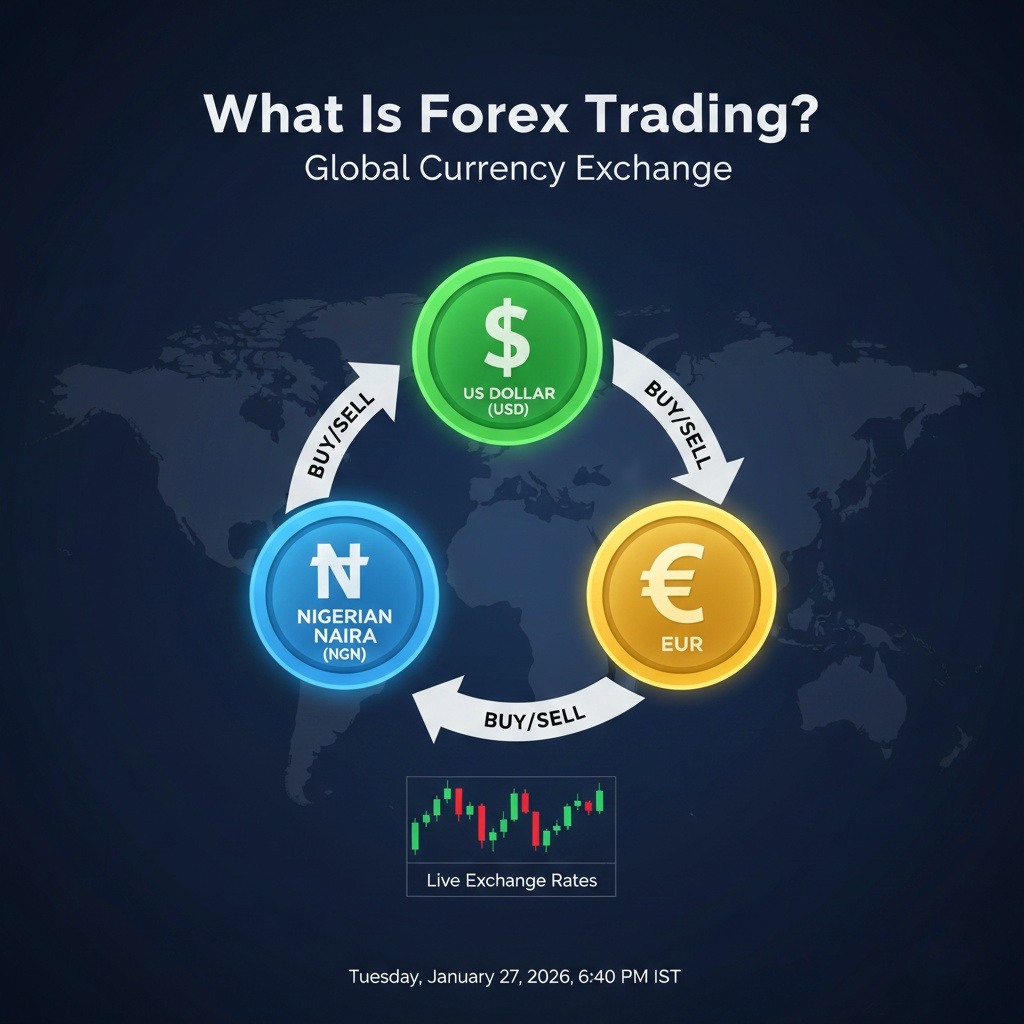 A diagram showing the exchange of various national currencies like the Naira, Dollar, and Euro