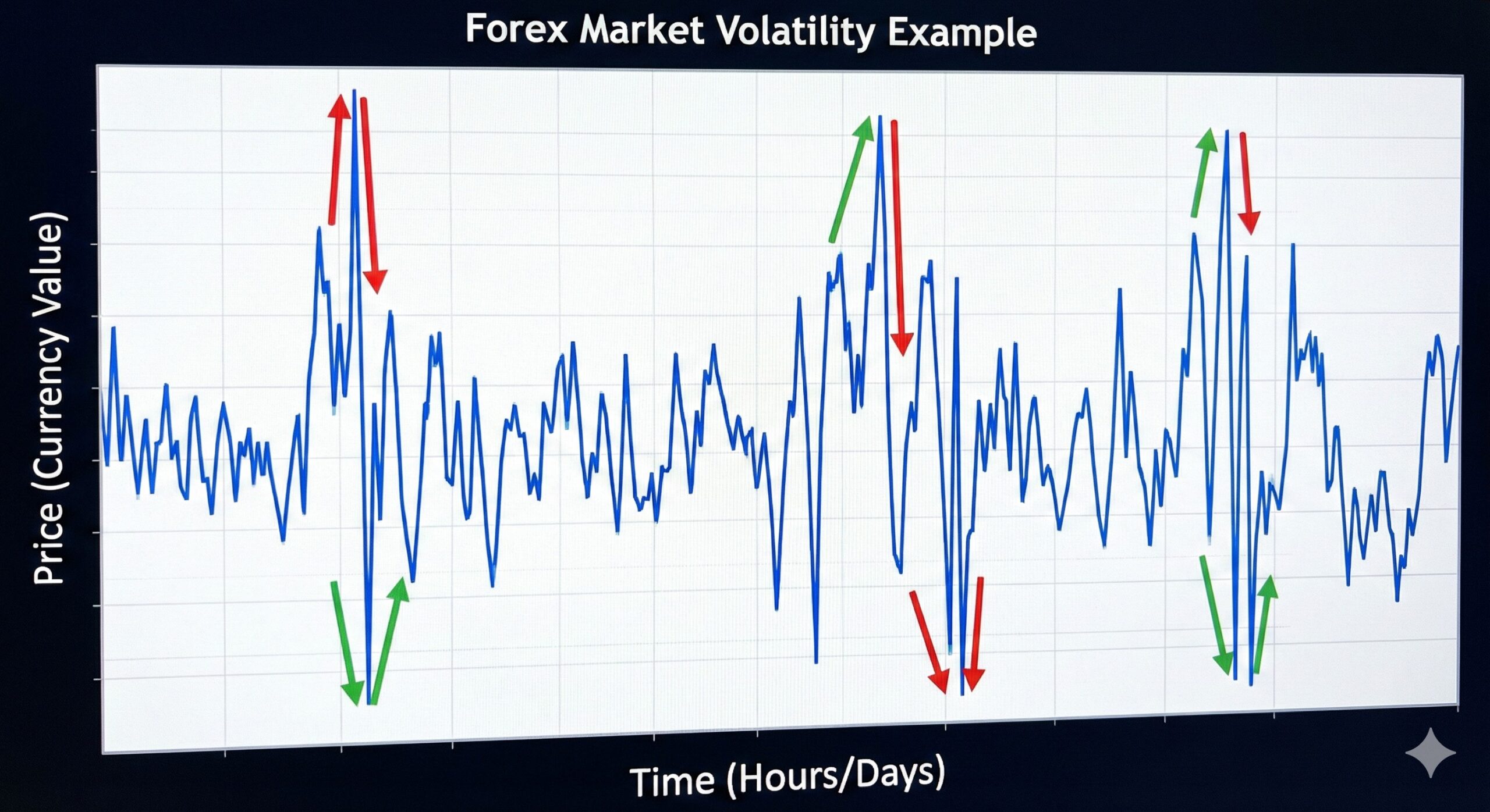 A line chart showing sharp upward and downward movements in price to illustrate forex market