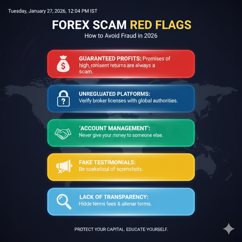 A scam prevention infographic highlighting red flags like 'guaranteed profits' and 'hidden regulators.'A scam prevention infographic highlighting red flags like 'guaranteed profits' and 'hidden regulators.'