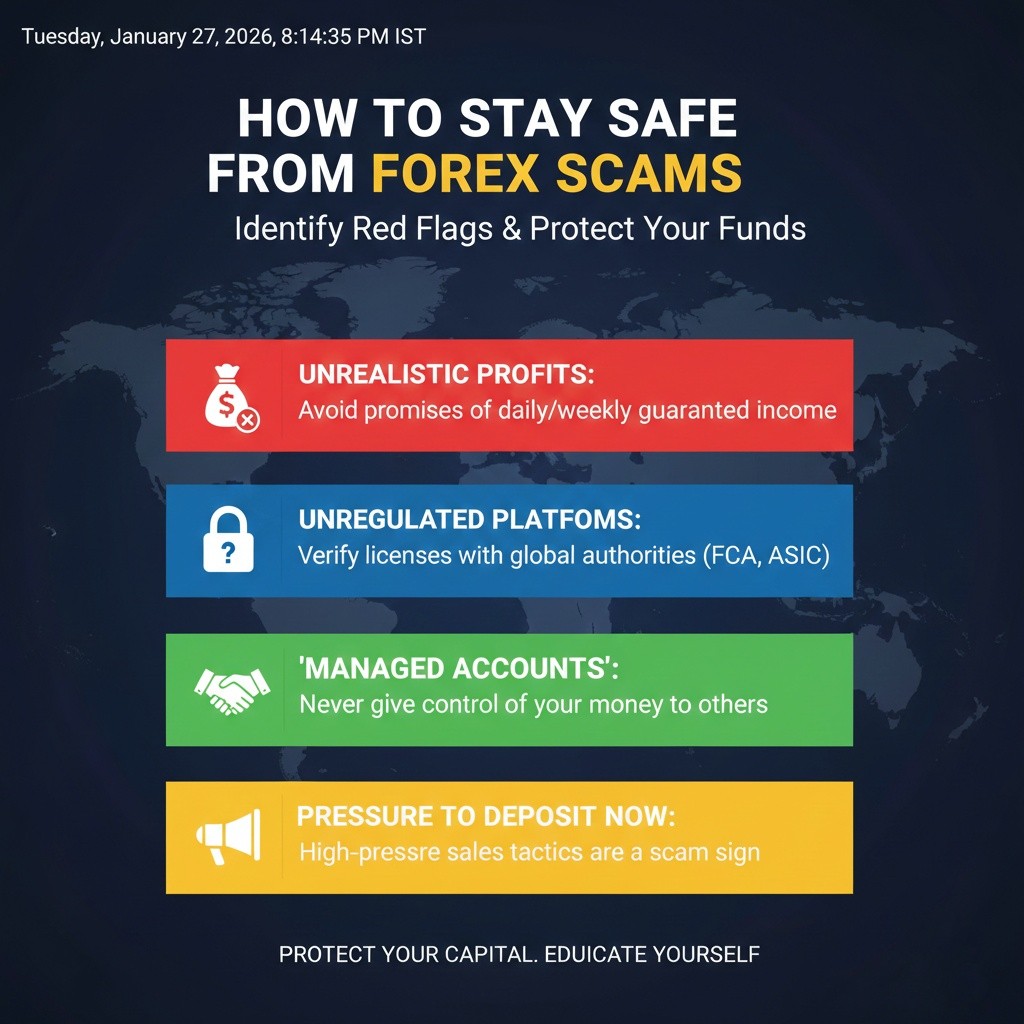 A scam prevention infographic highlighting red flags like 'guaranteed profits' and 'hidden regulators.'