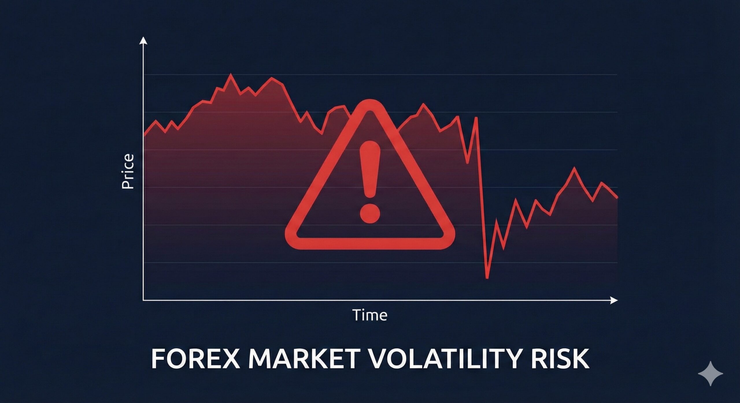 A trading chart showing a sharp price drop with a warning icon representing forex market volatility risk.