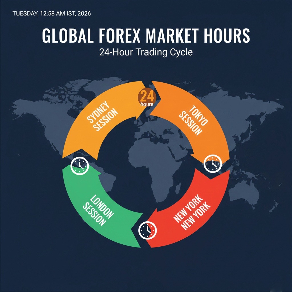 A world map highlighting the 24-hour forex market sessions for Sydney, Tokyo, London, and New York.