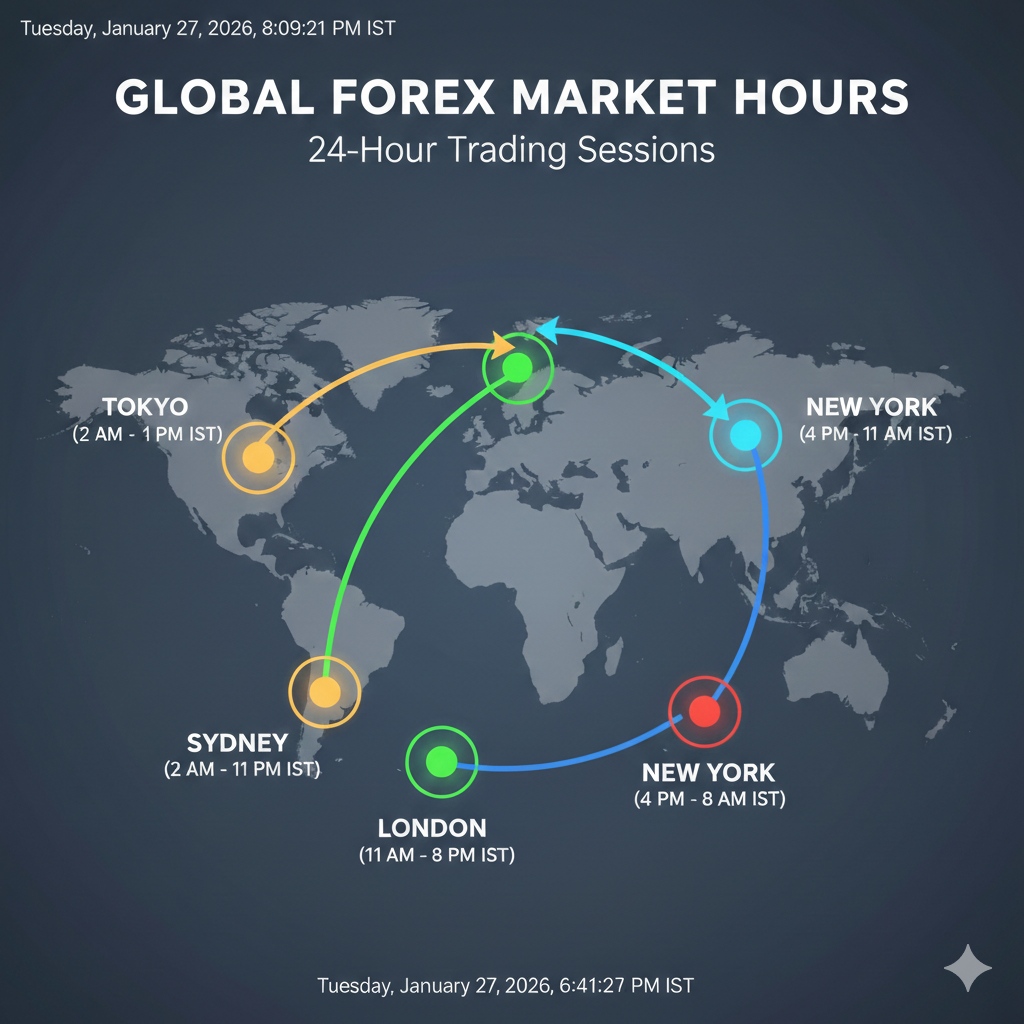 A world map highlighting the 24-hour trading sessions for London, New York, Tokyo, and Sydney. (1)