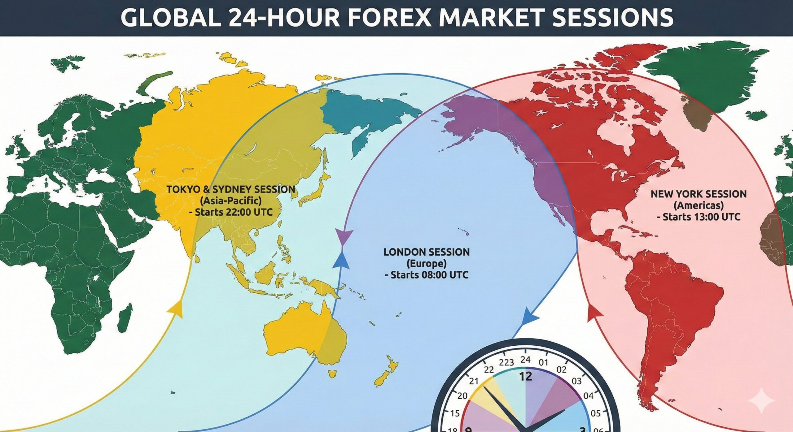 A world map highlighting the 24-hour trading sessions for London, New York, Tokyo, and Sydney. 