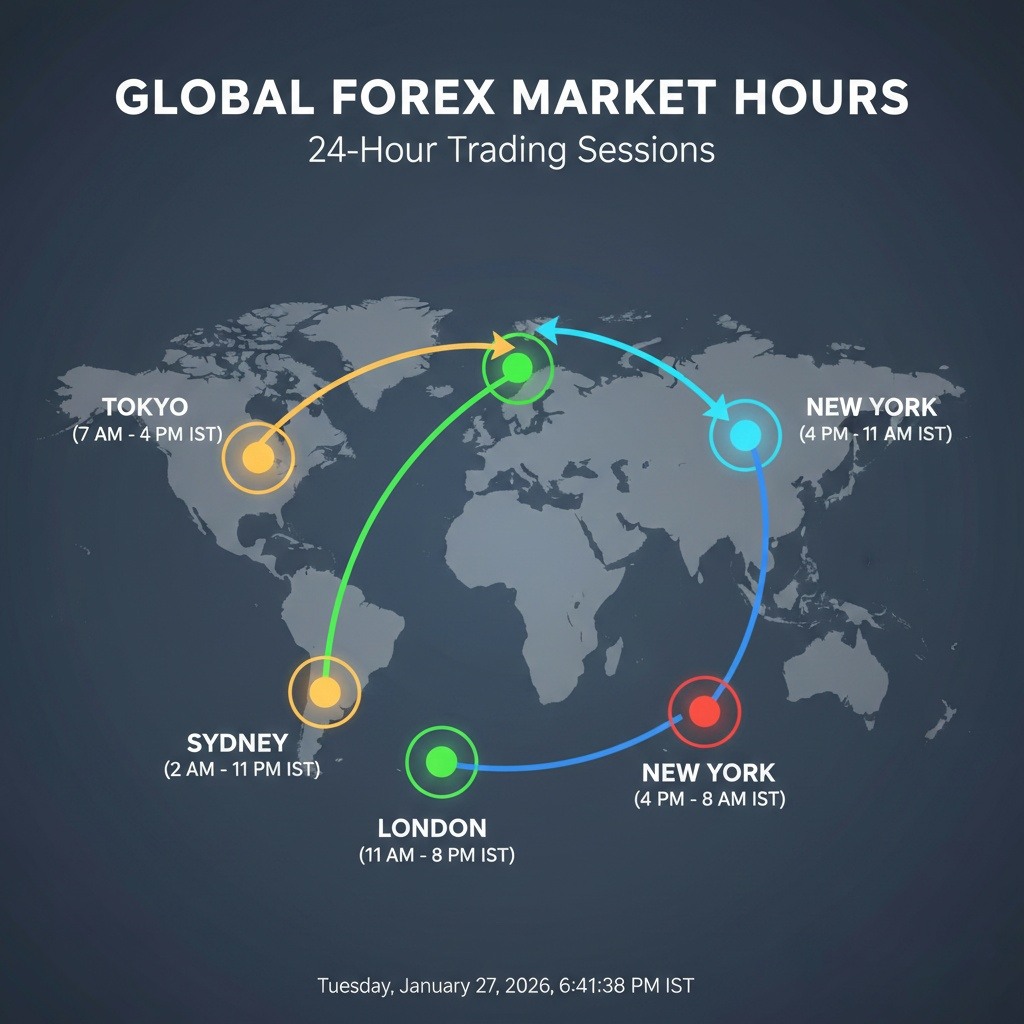 A world map highlighting the 24-hour trading sessions for London, New York, Tokyo, and Sydney.