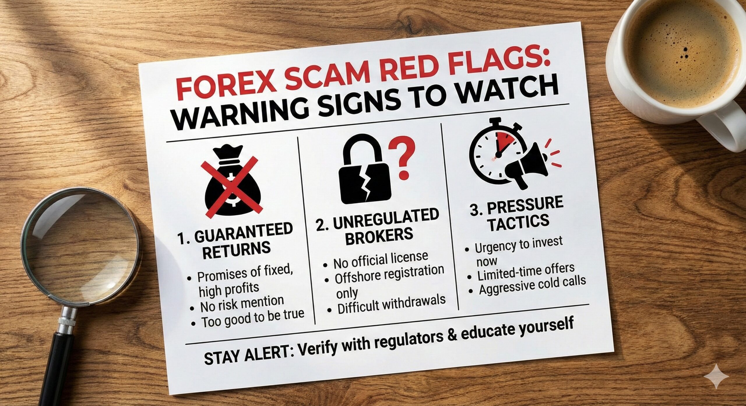 An infographic listing common forex scam signs including 'guaranteed returns' and 'unregulated brokers'.