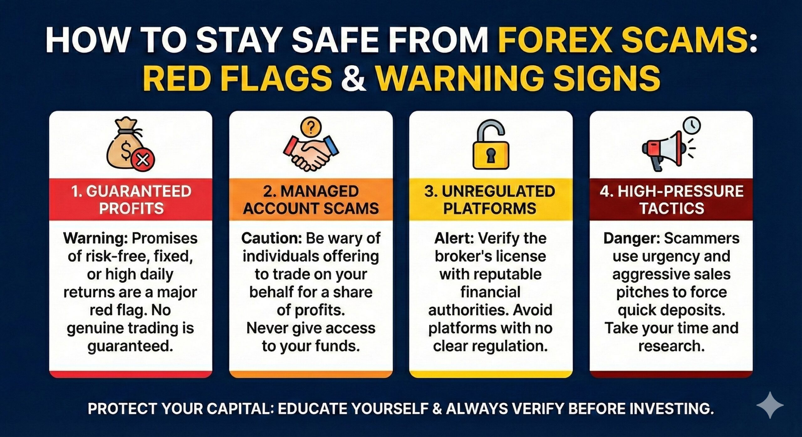 An infographic listing forex scam warning signs such as 'Guaranteed Profits' and 'Managed Account Scams'. 