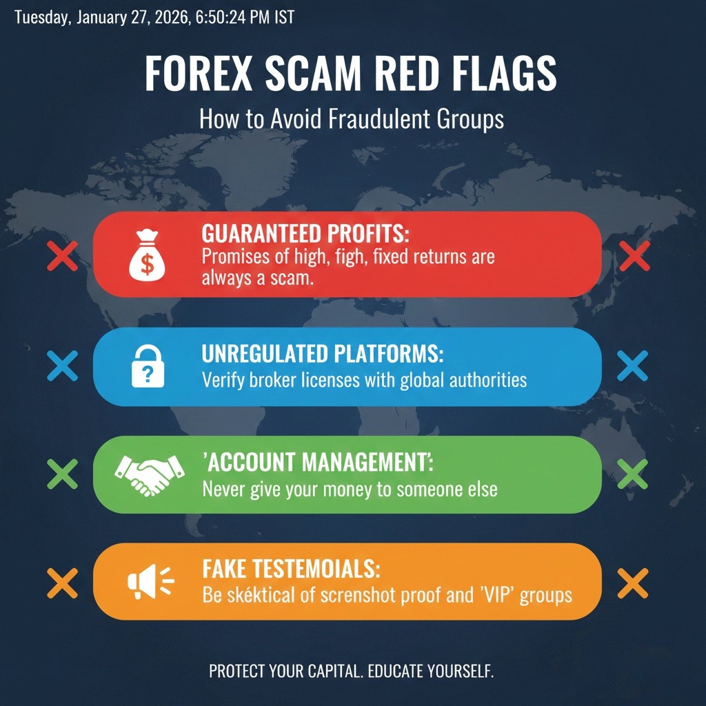 An infographic listing forex scam warning signs such as 'Guaranteed Profits' and 'Managed Account Scams'.