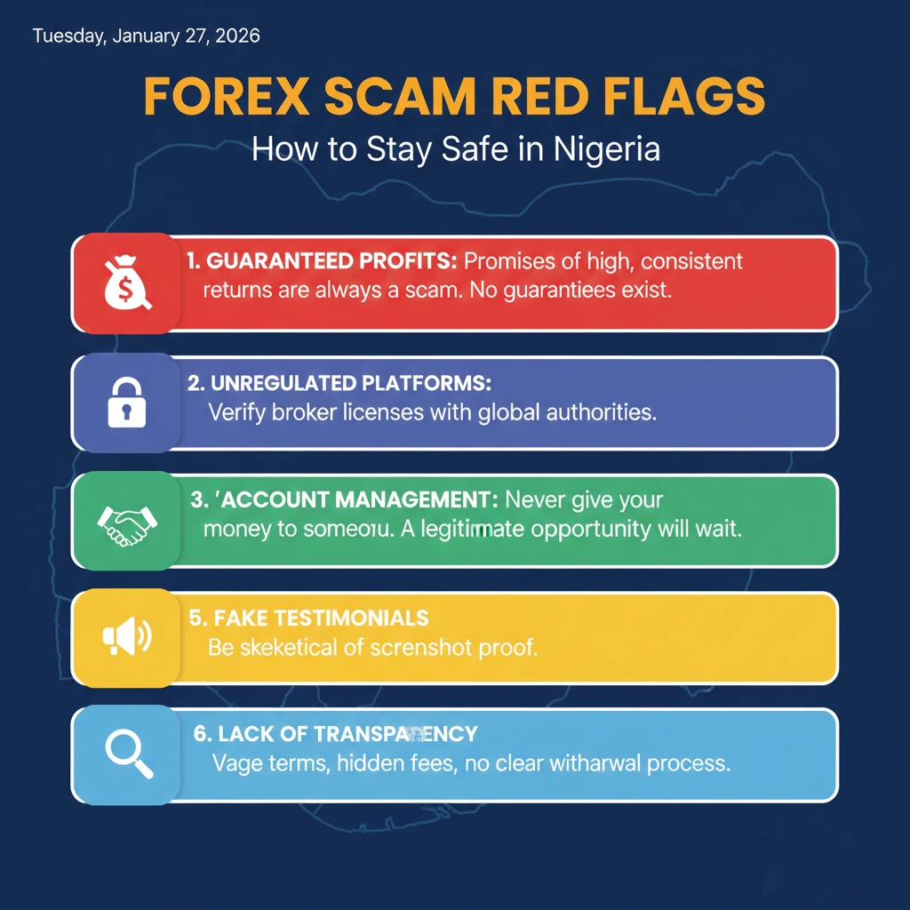 An infographic listing forex scam warning signs such as guaranteed profits and unregulated brokers.
