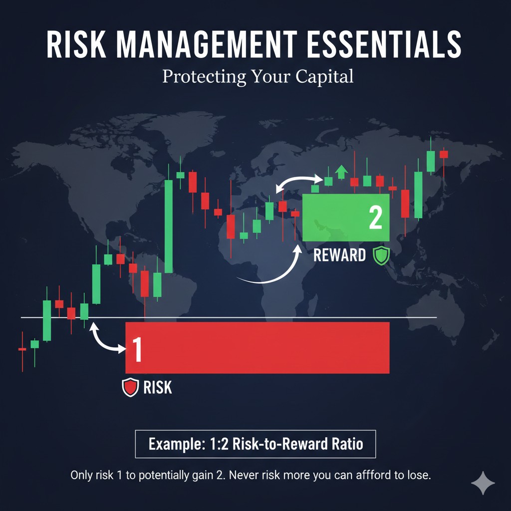 An infographic showing a 1_2 risk-to-reward ratio on a price chart.