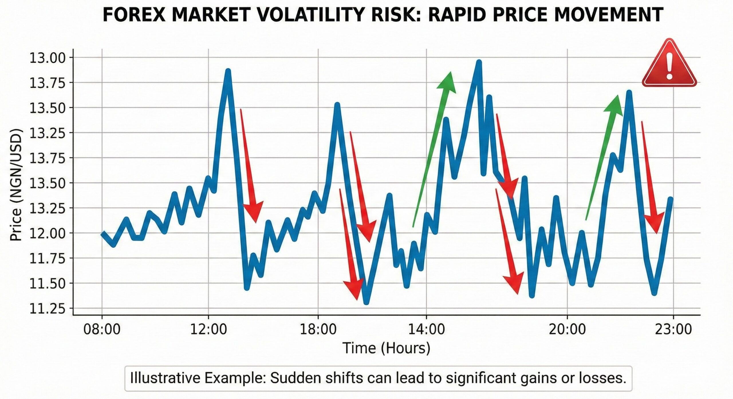 Chart showing volatile market price movements highlighting the risks of forex trading.