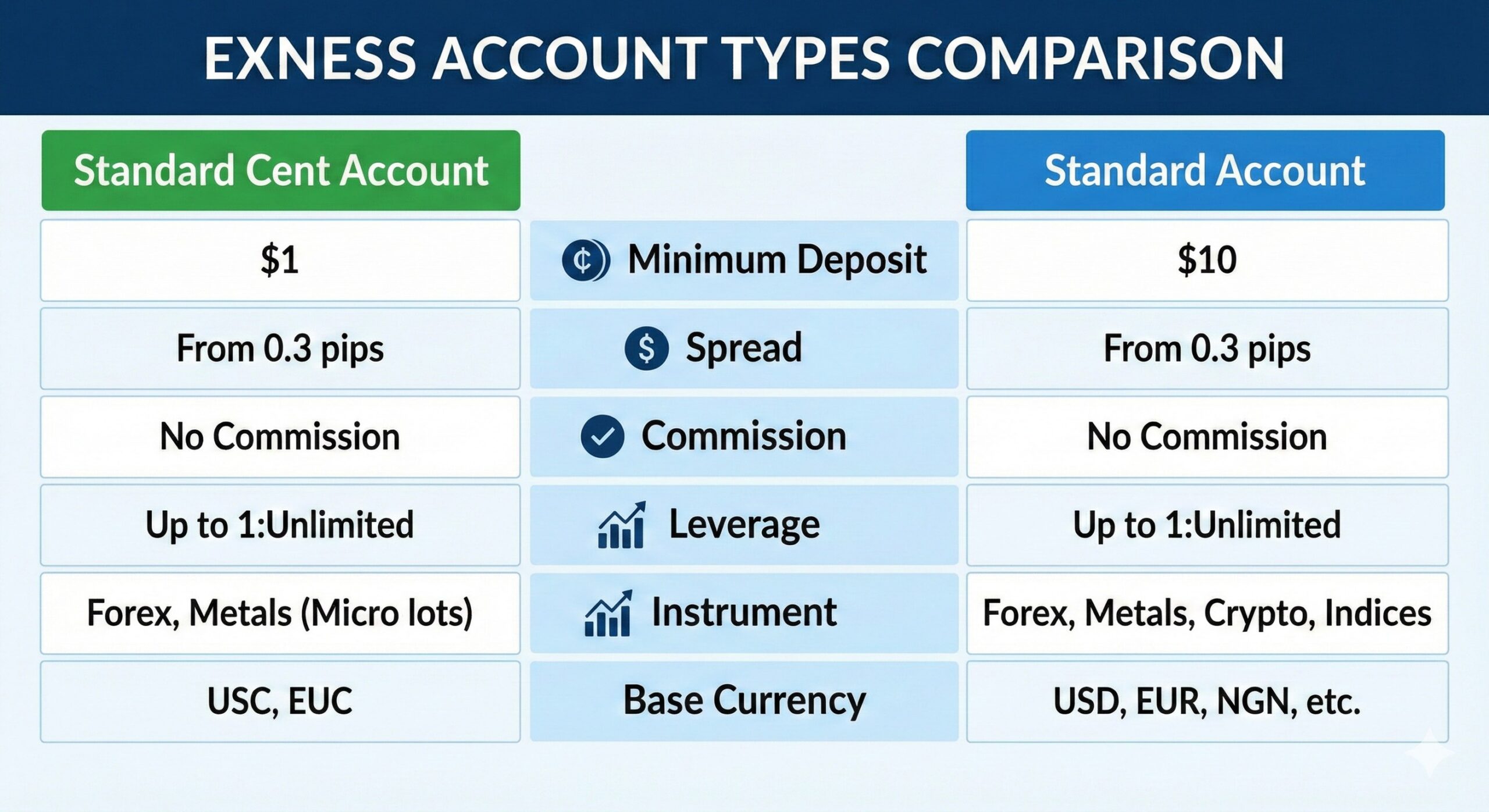 Comparison table of Standard Cent versus Standard trading account features. (1)