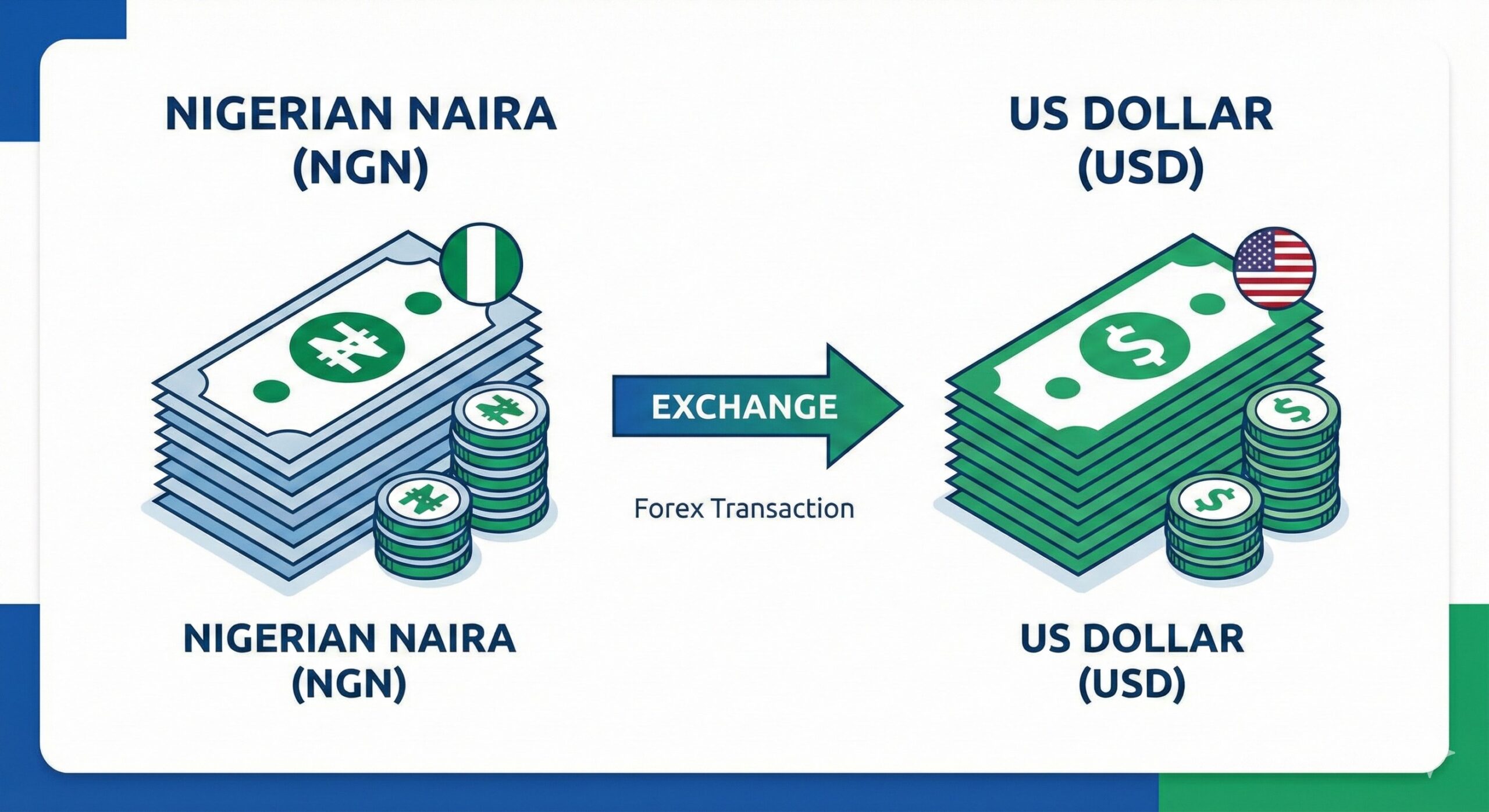 Diagram showing the exchange of Nigerian Naira to US Dollar representing a forex transaction.