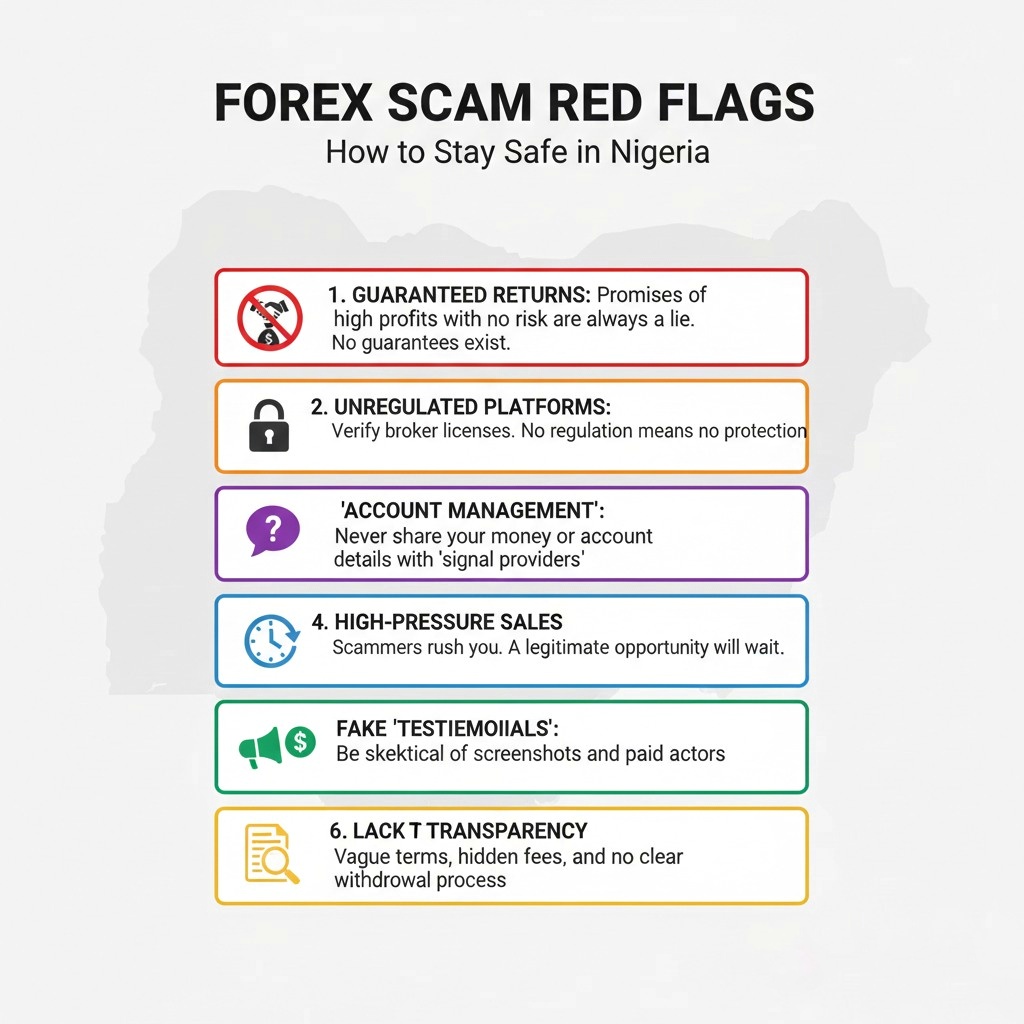 Educational infographic listing forex scam