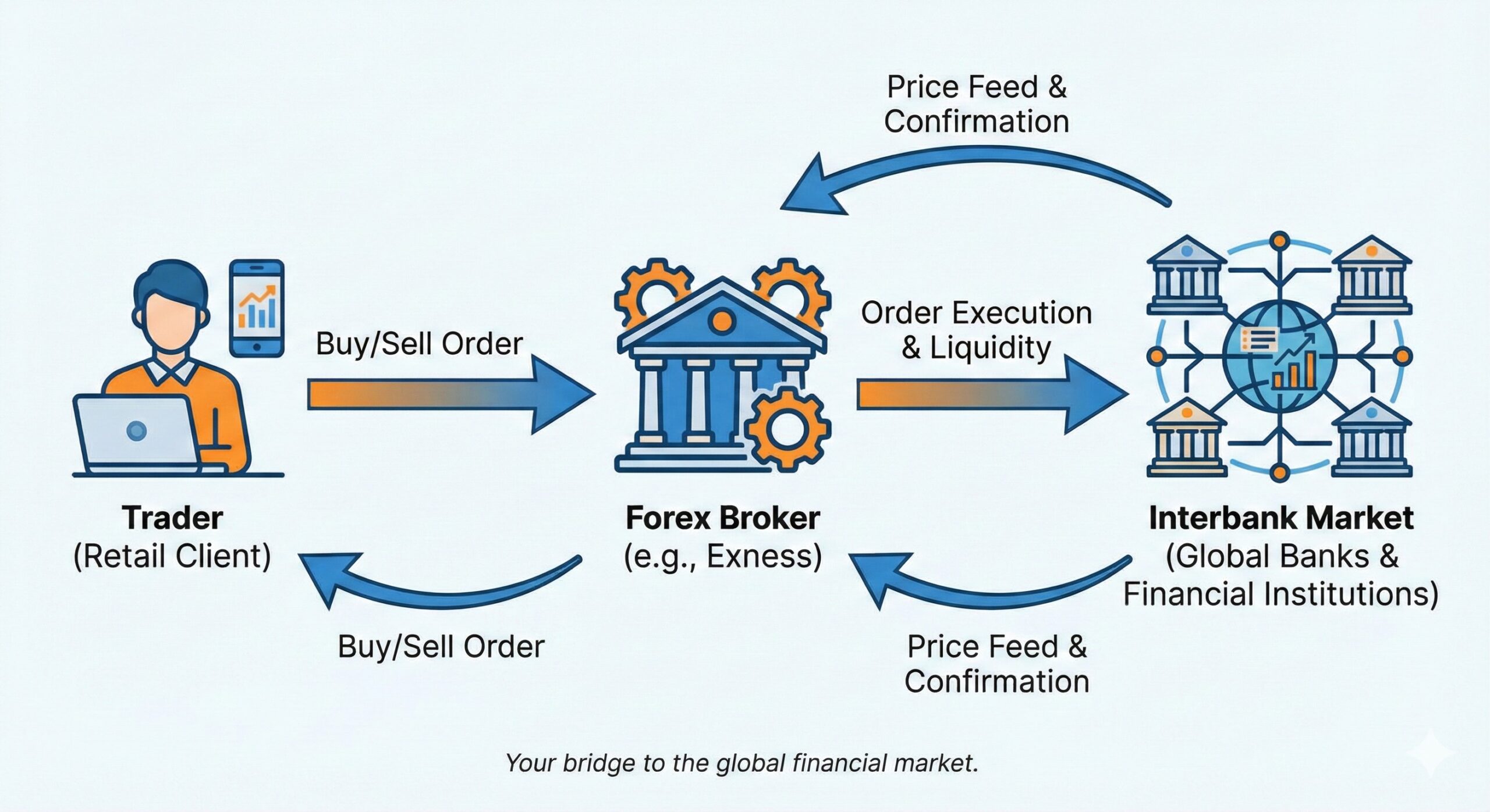 Flowchart showing how a forex broker connects a trader to the interbank market.