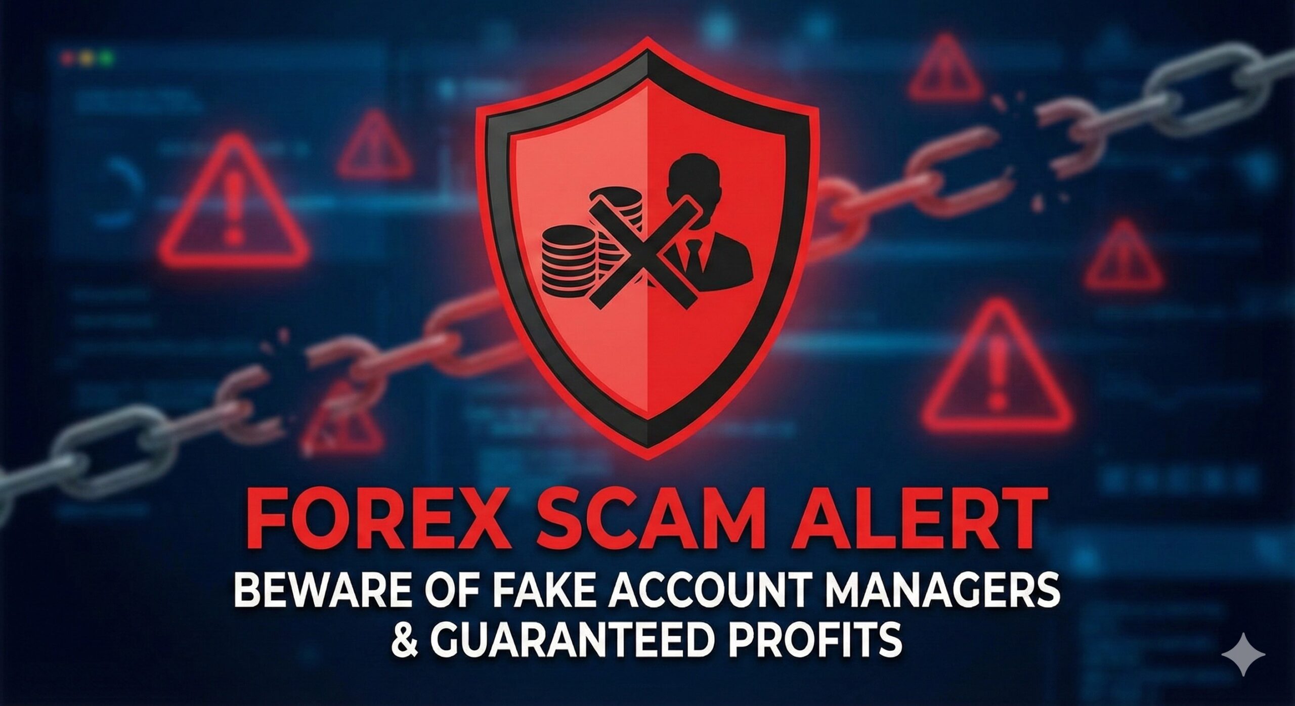 Warning shield icon against forex investment scams and fake account managers.