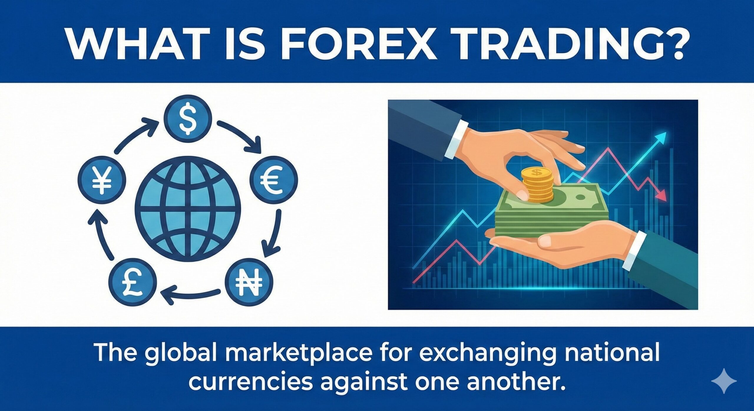 What is Forex Trading_' showing a global currency exchange cycle with Naira, Dollar, and Euro symbols, alongside an illustration of hands exchanging money to represent the financial market.