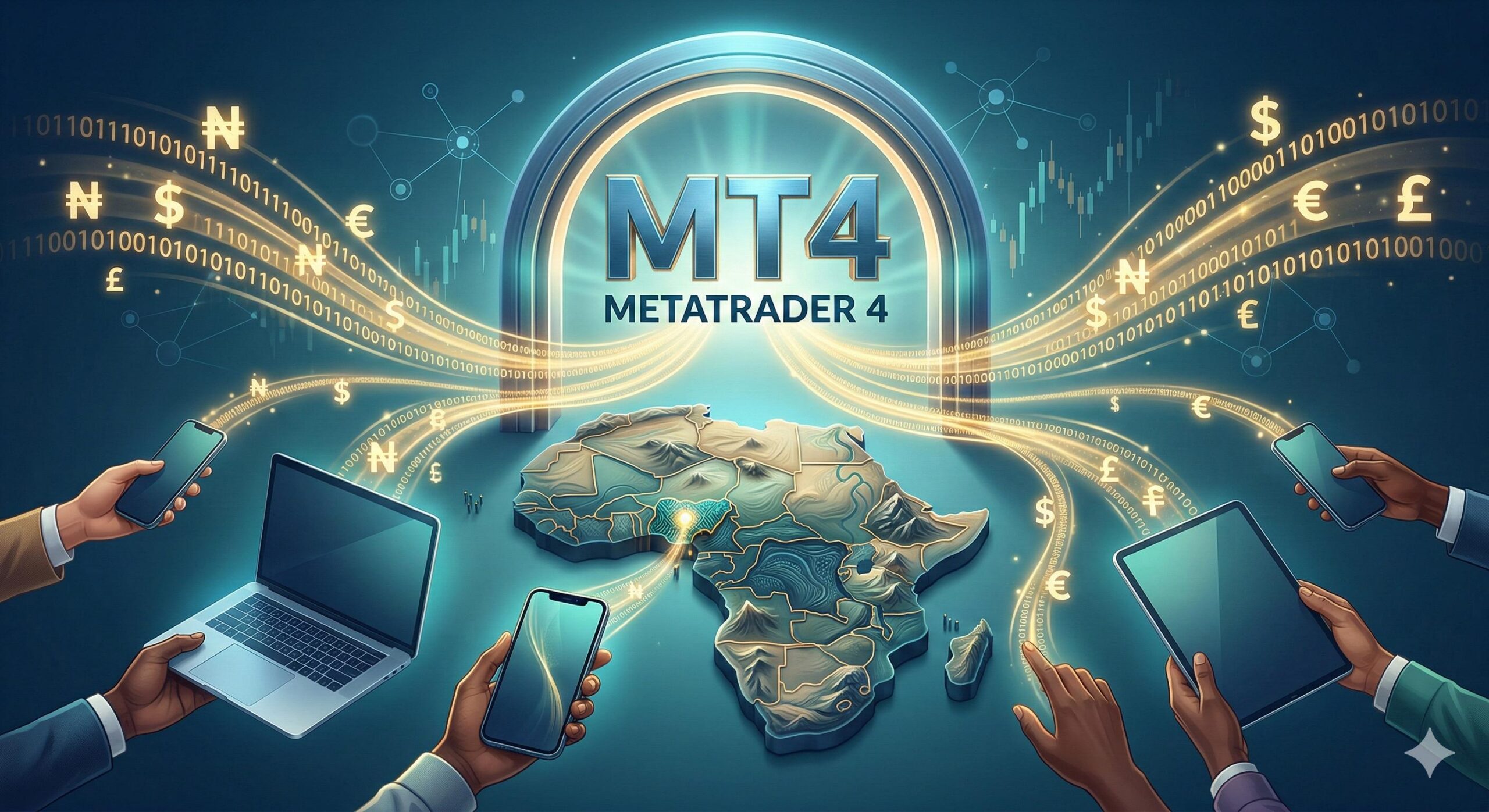 3D illustration of MT4 as a digital gateway connecting to global currency markets.