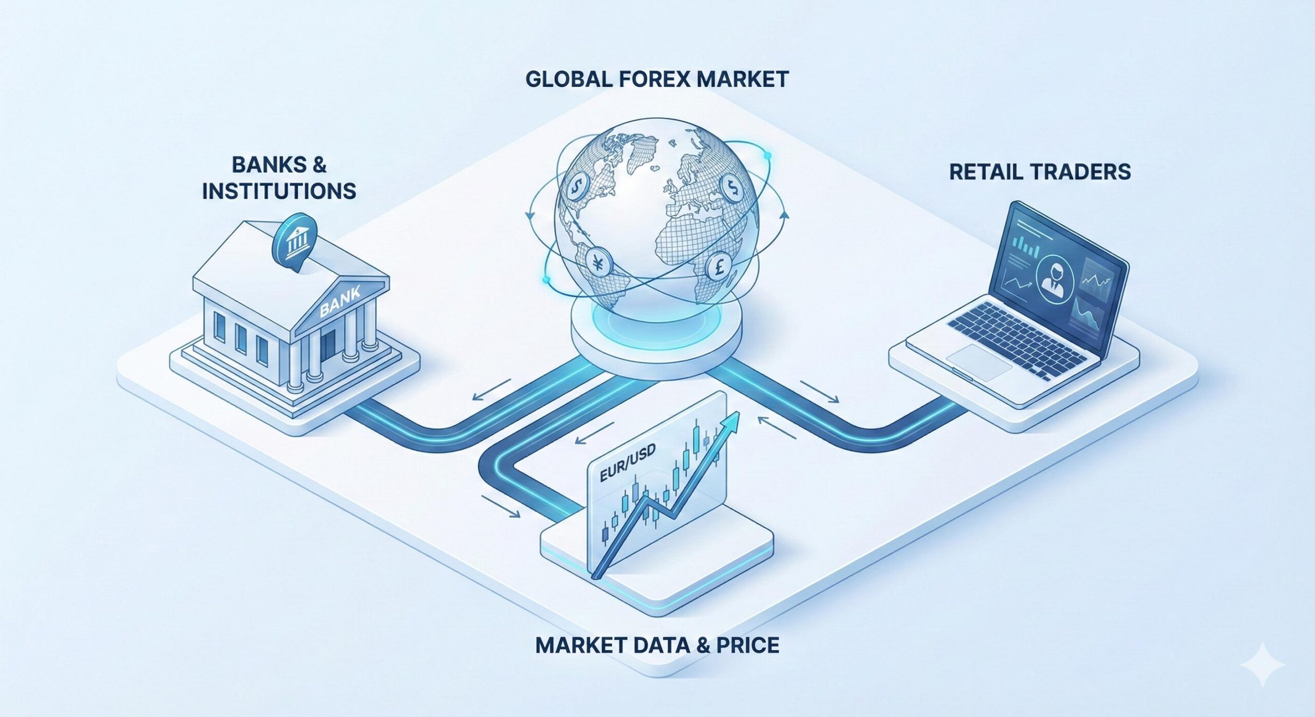 3D infographic showing how the global forex market connects banks and traders.