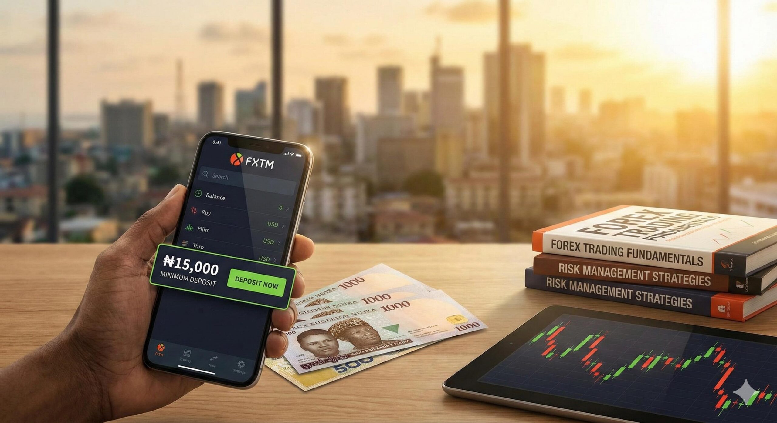 A Nigerian trader holding a smartphone displaying the FXTM minimum deposit amount in Naira, surrounded by Nigerian currency notes and educational books on forex risk management.