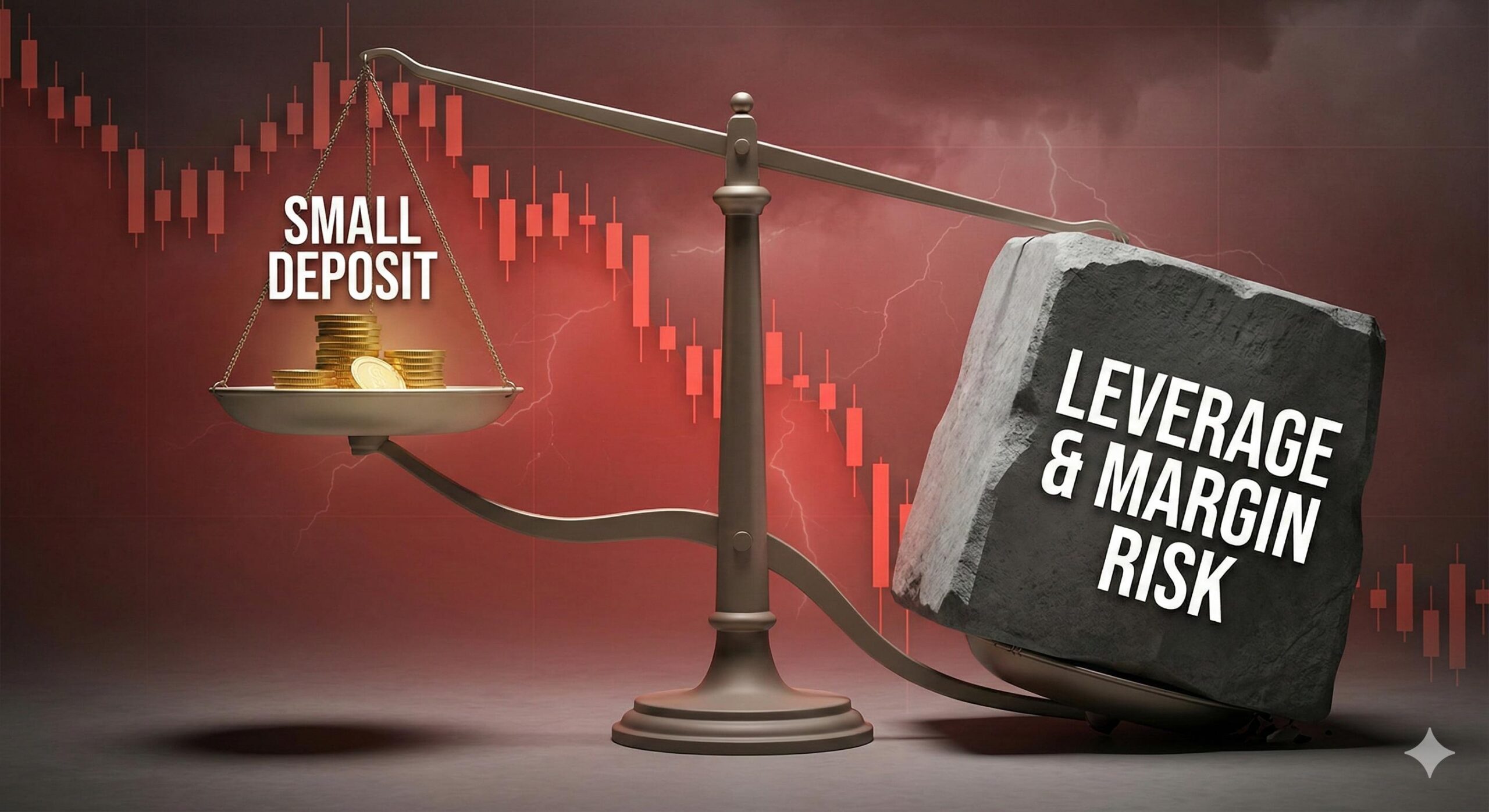 A balance scale illustrating how small deposits can be overwhelmed by high leverage risk.