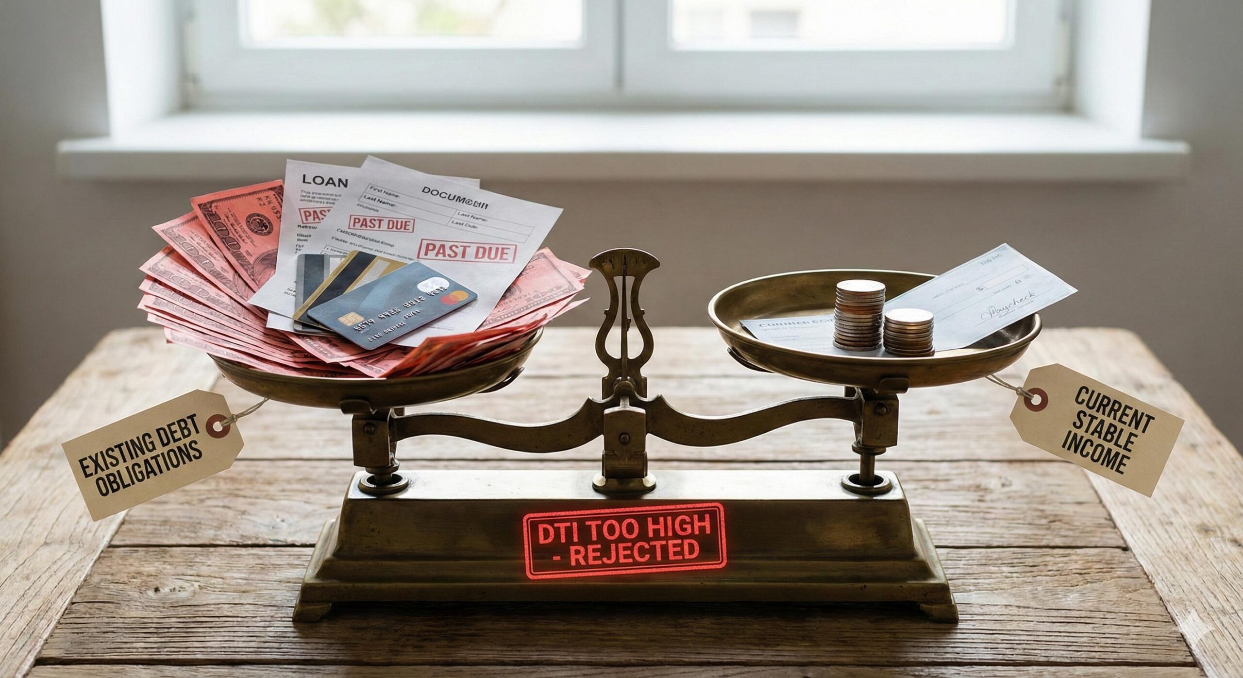 A balancing scale showing heavy debt outweighing current income, leading to loan rejection.