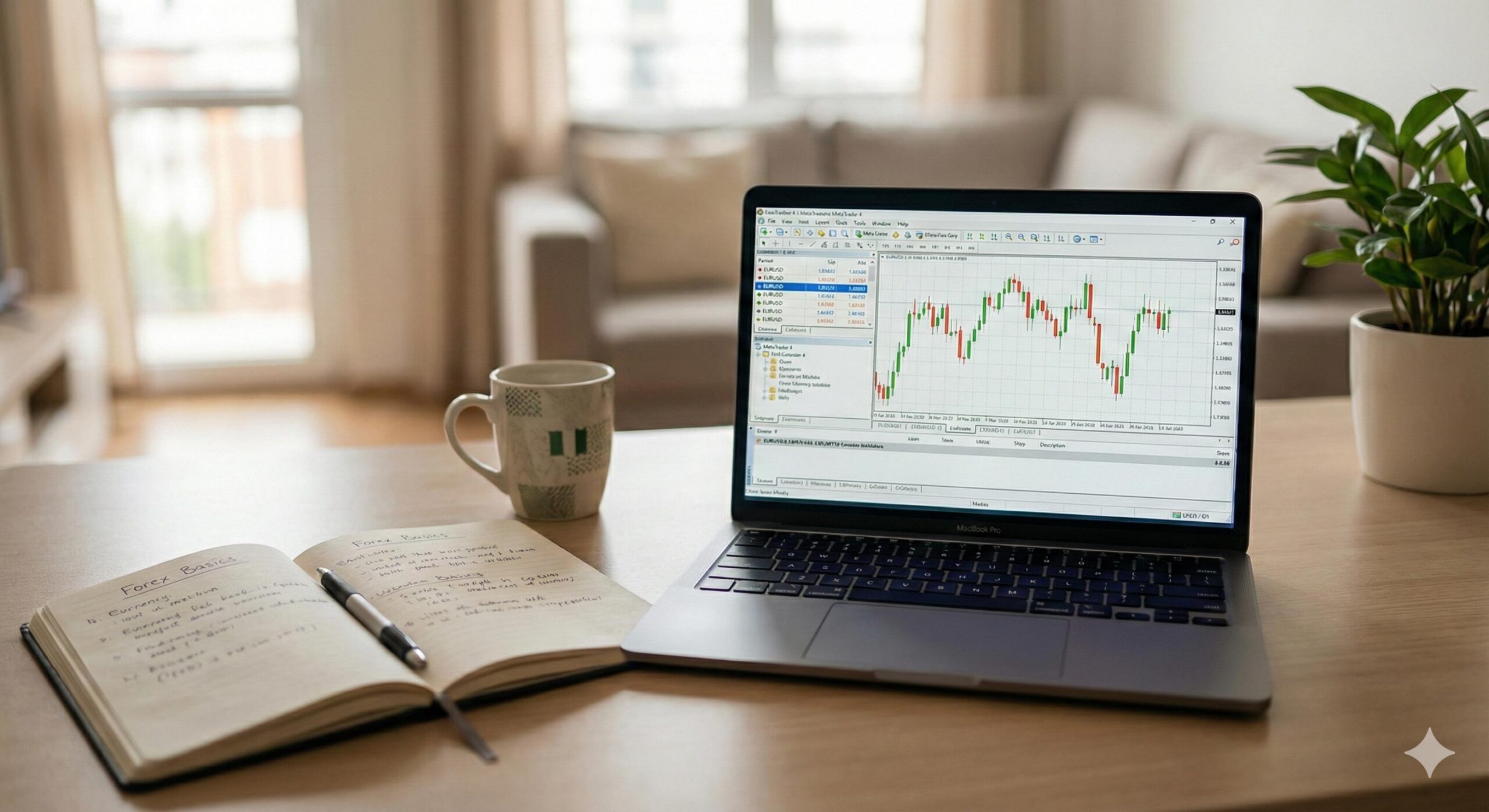 A beginner trader's laptop showing the MetaTrader 4 platform on a desk, illustrating how to install a forex robot on MT4 in a home setting.