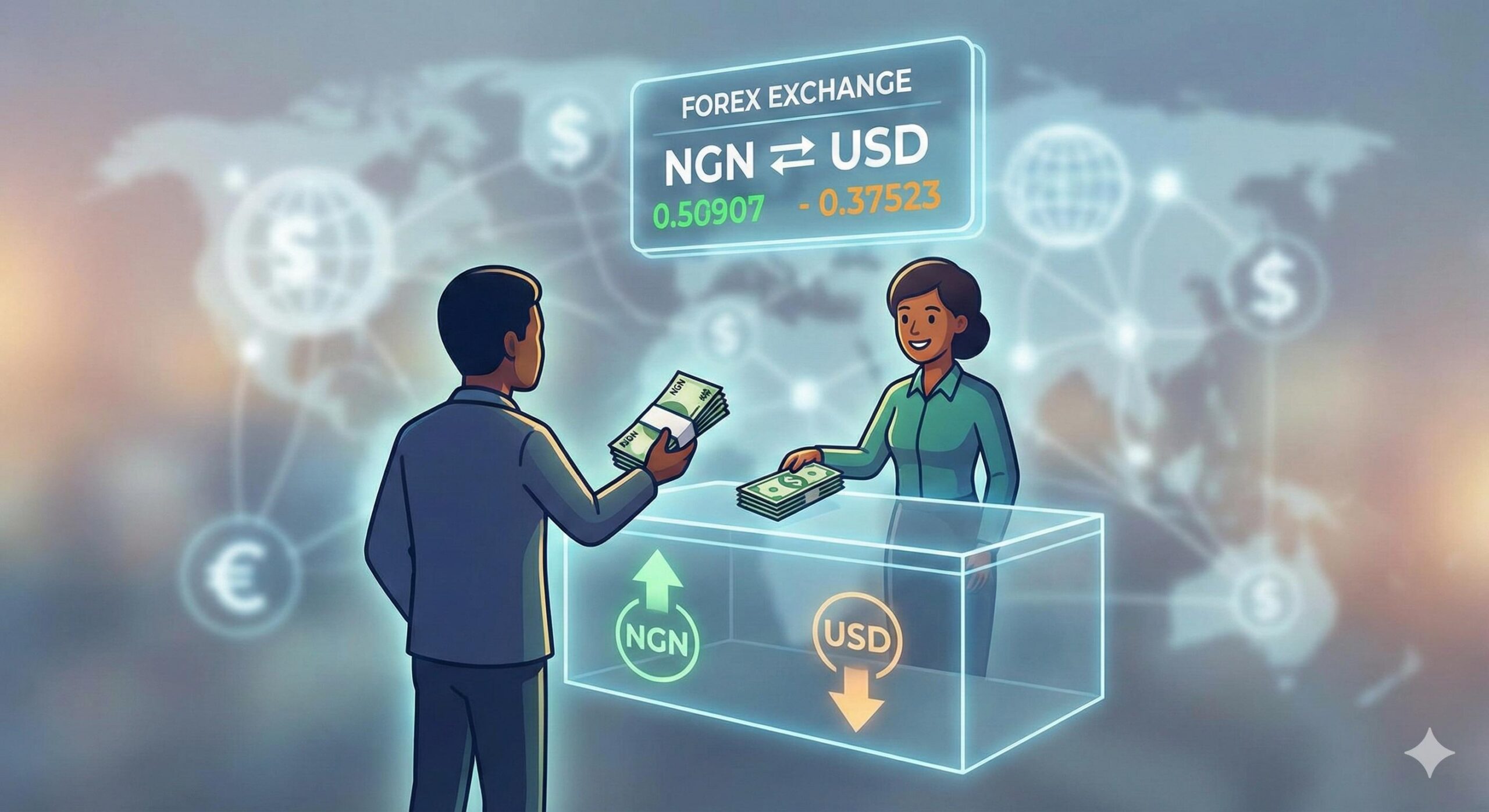 A clean graphic showing a currency exchange counter or digital NGN to USD conversion.