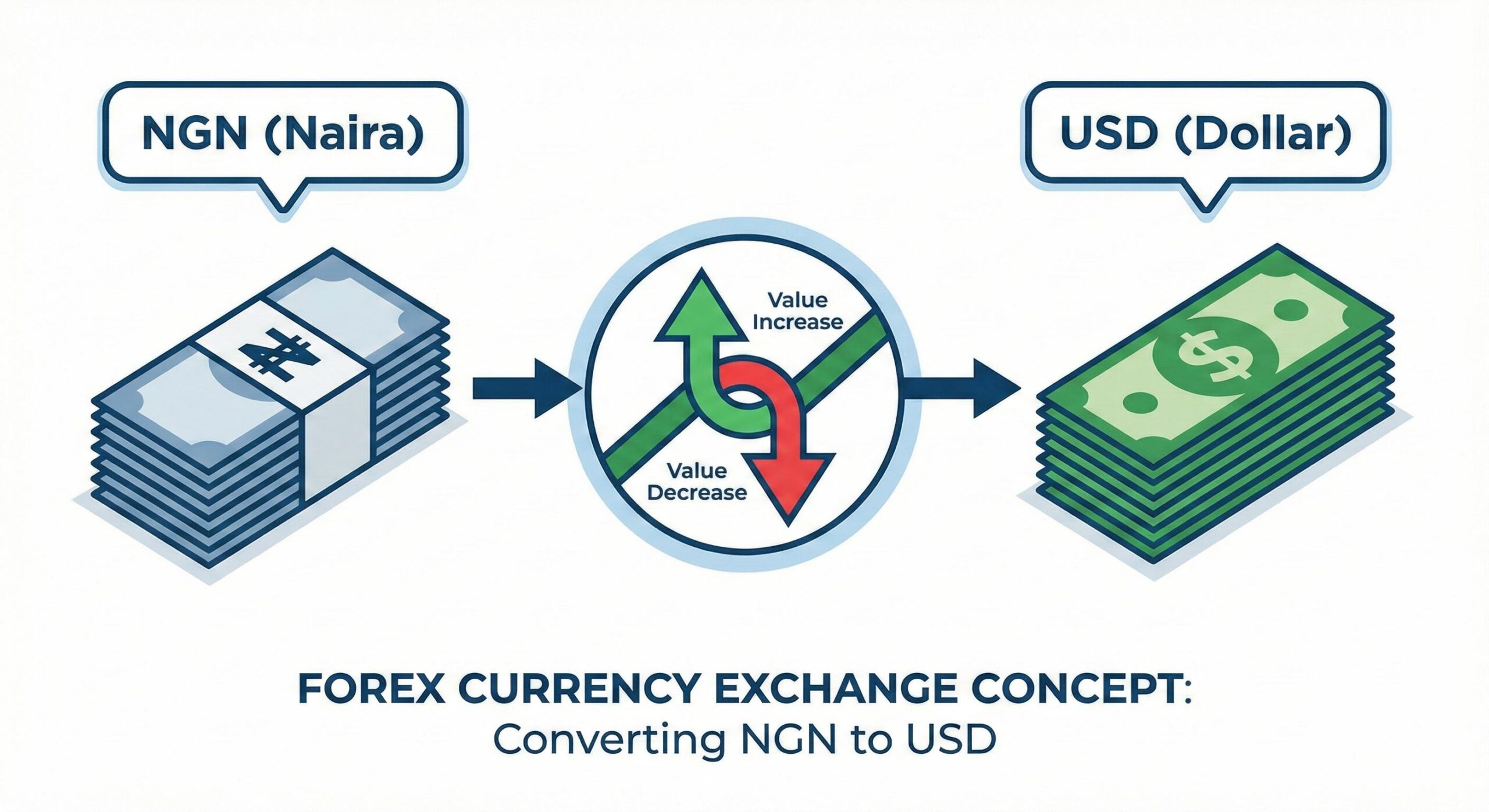 A clean graphic showing the conversion of Naira to Dollars with up_down arrows indicating value change.