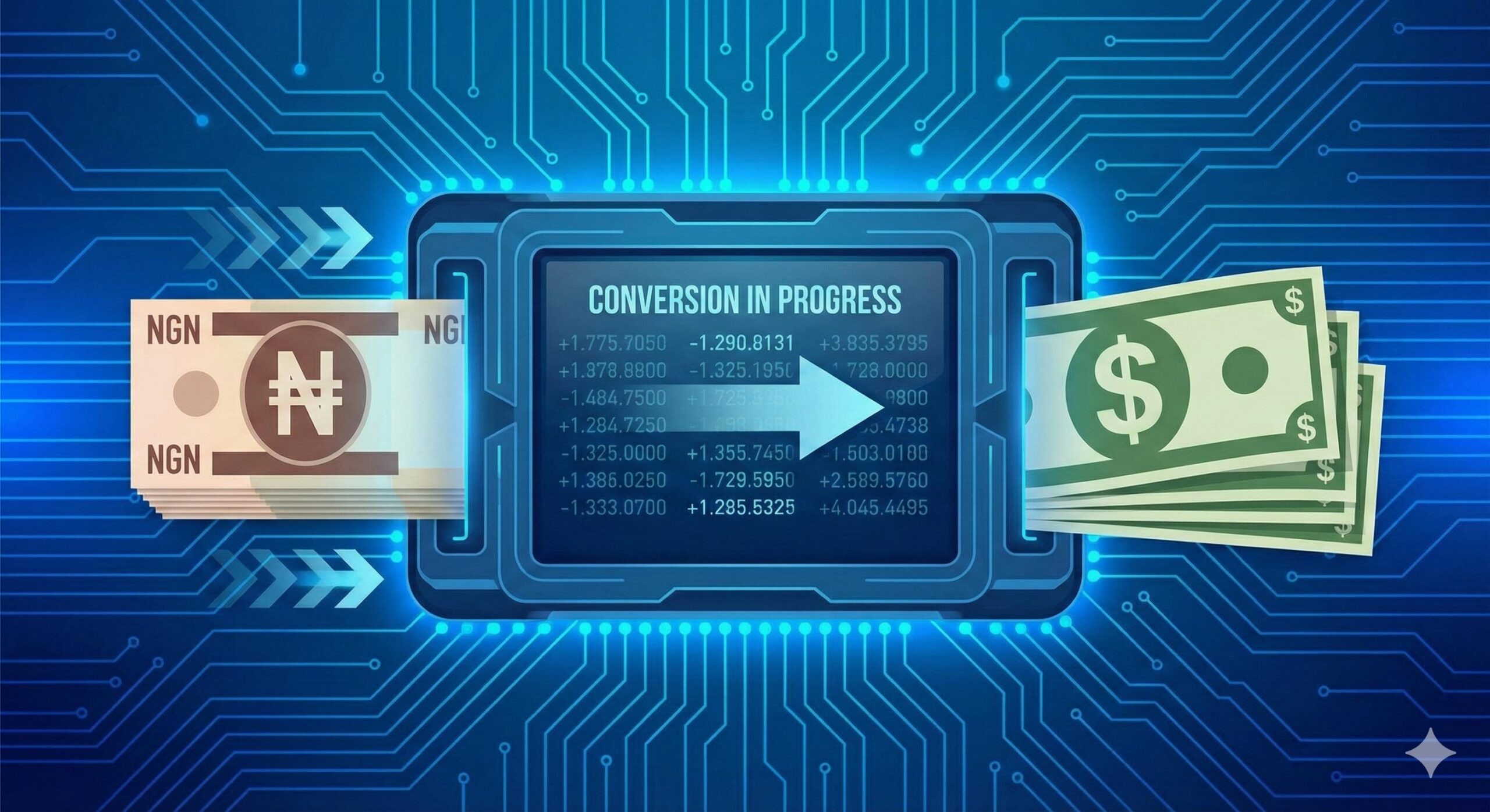 A clean vector graphic showing a digital exchange of NGN for USD.