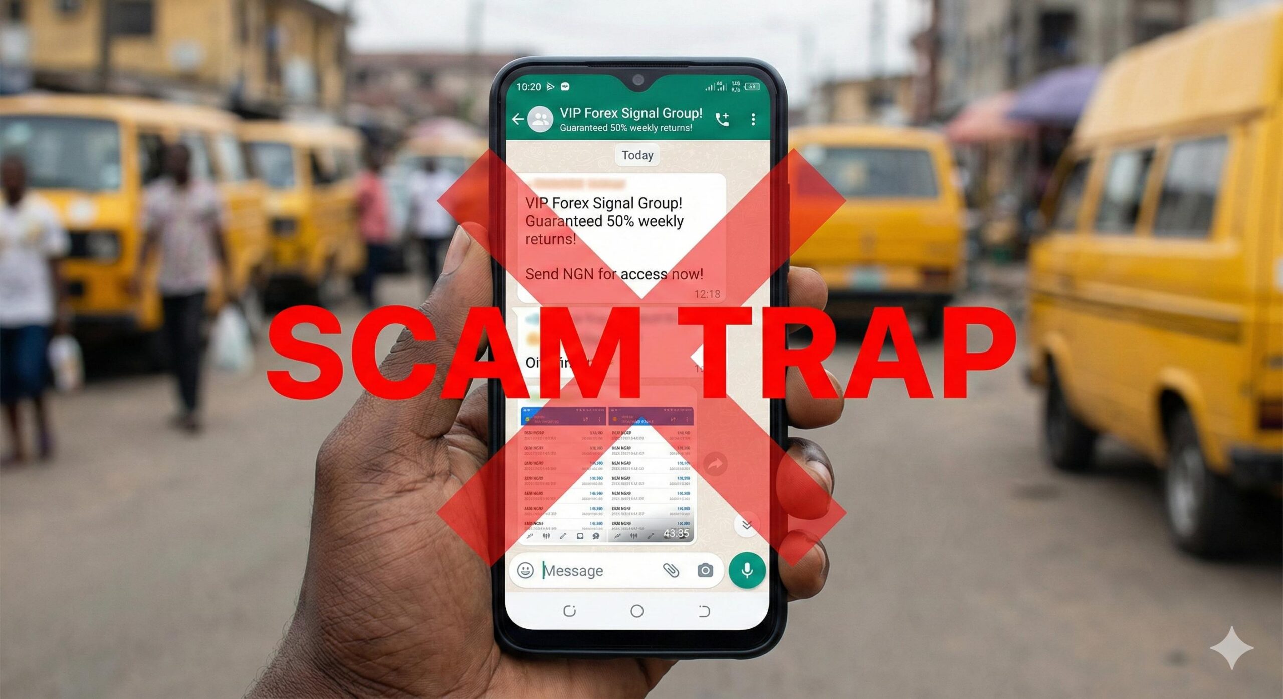 A close-up photograph of a hand holding a smartphone displaying a messaging app interface.