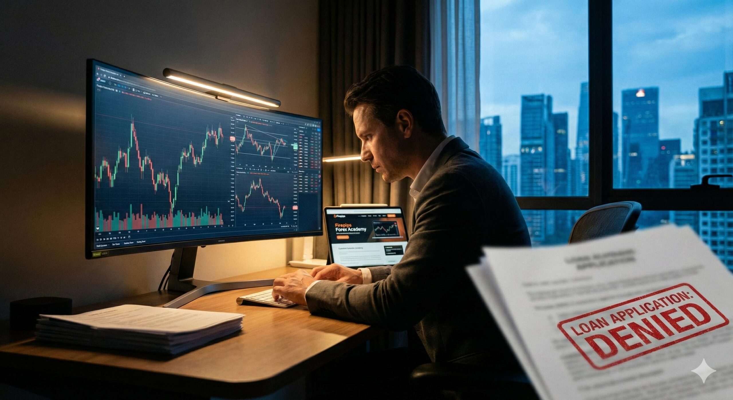 A determined person studying forex charts after receiving a loan denial.