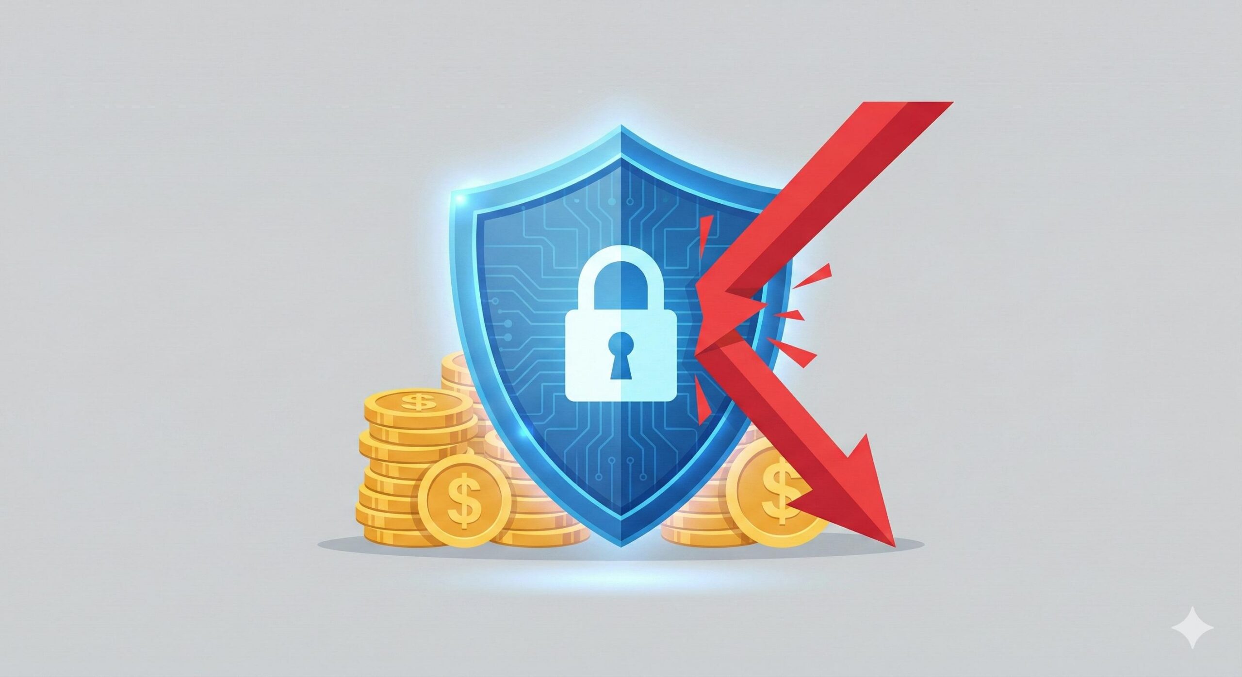 A digital shield protecting a stack of coins from a falling market arrow, symbolizing the vital importance of forex risk management.
