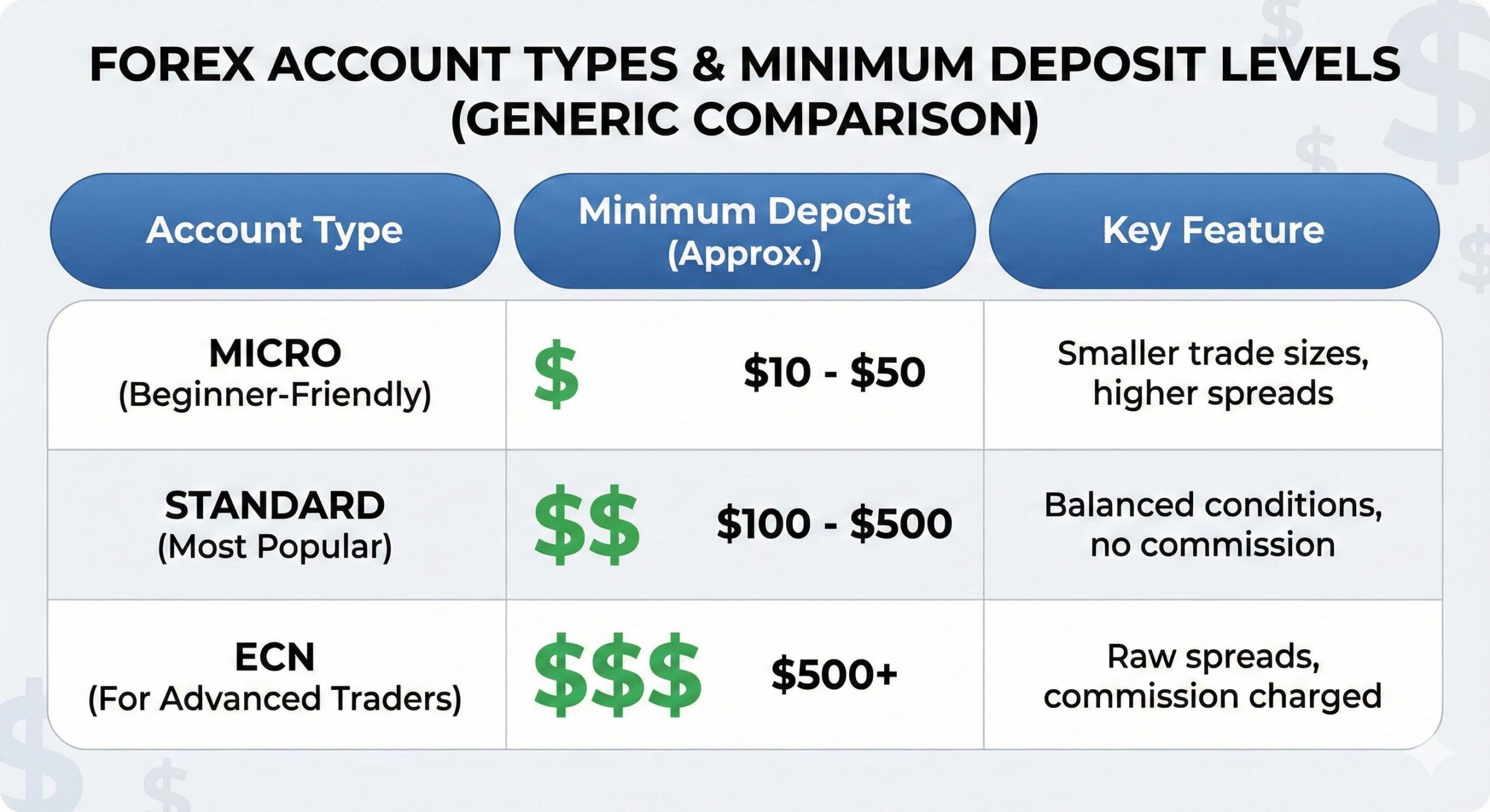 A generic table graphic showing "Micro," "Standard," and "ECN" account tiers with generic dollar signs ($).