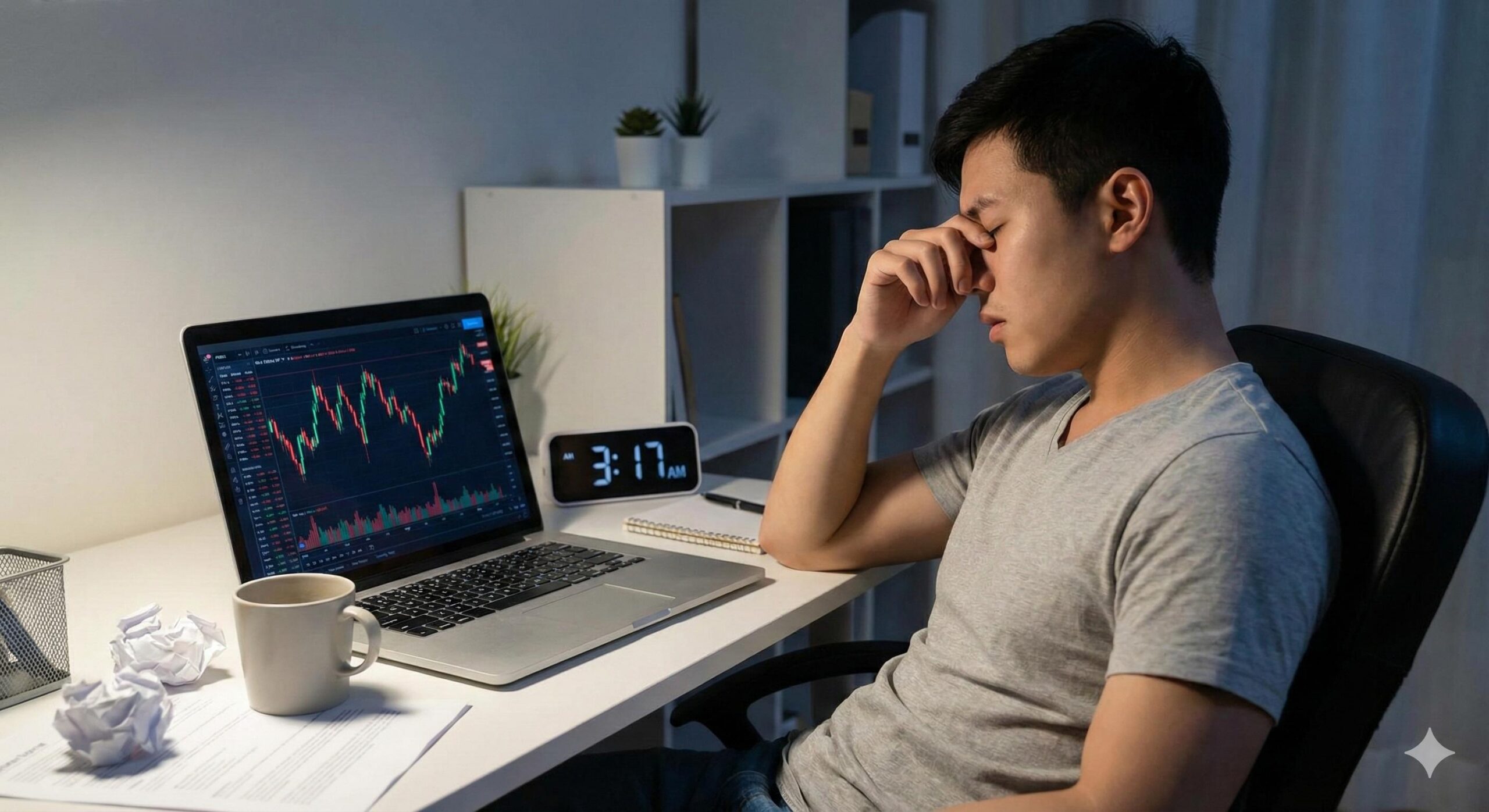 A neutral image of a person looking exhausted, illustrating the mistake of trading while fatigued.