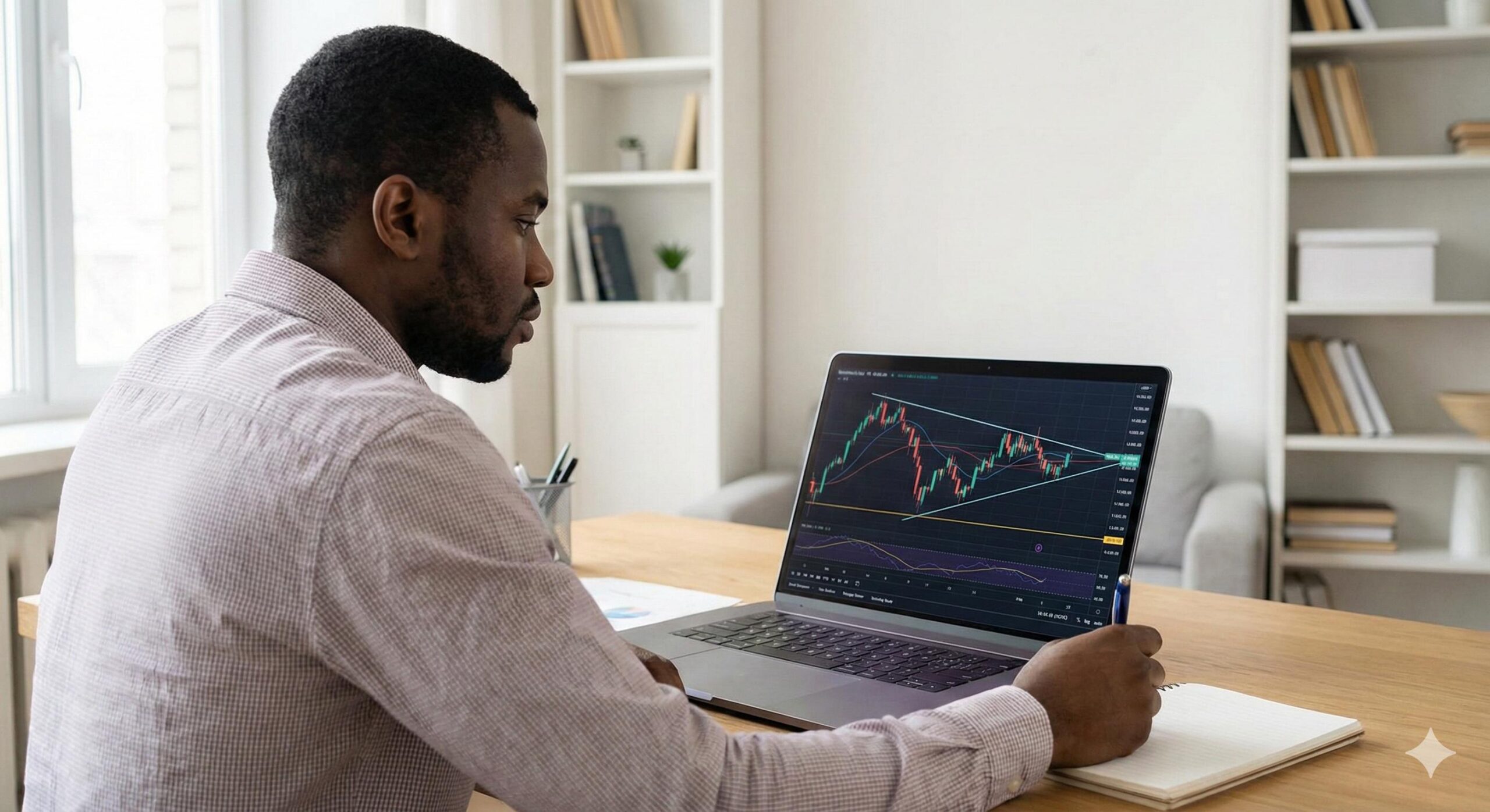A neutral, professional image of a person studying a candlestick chart in a home office.