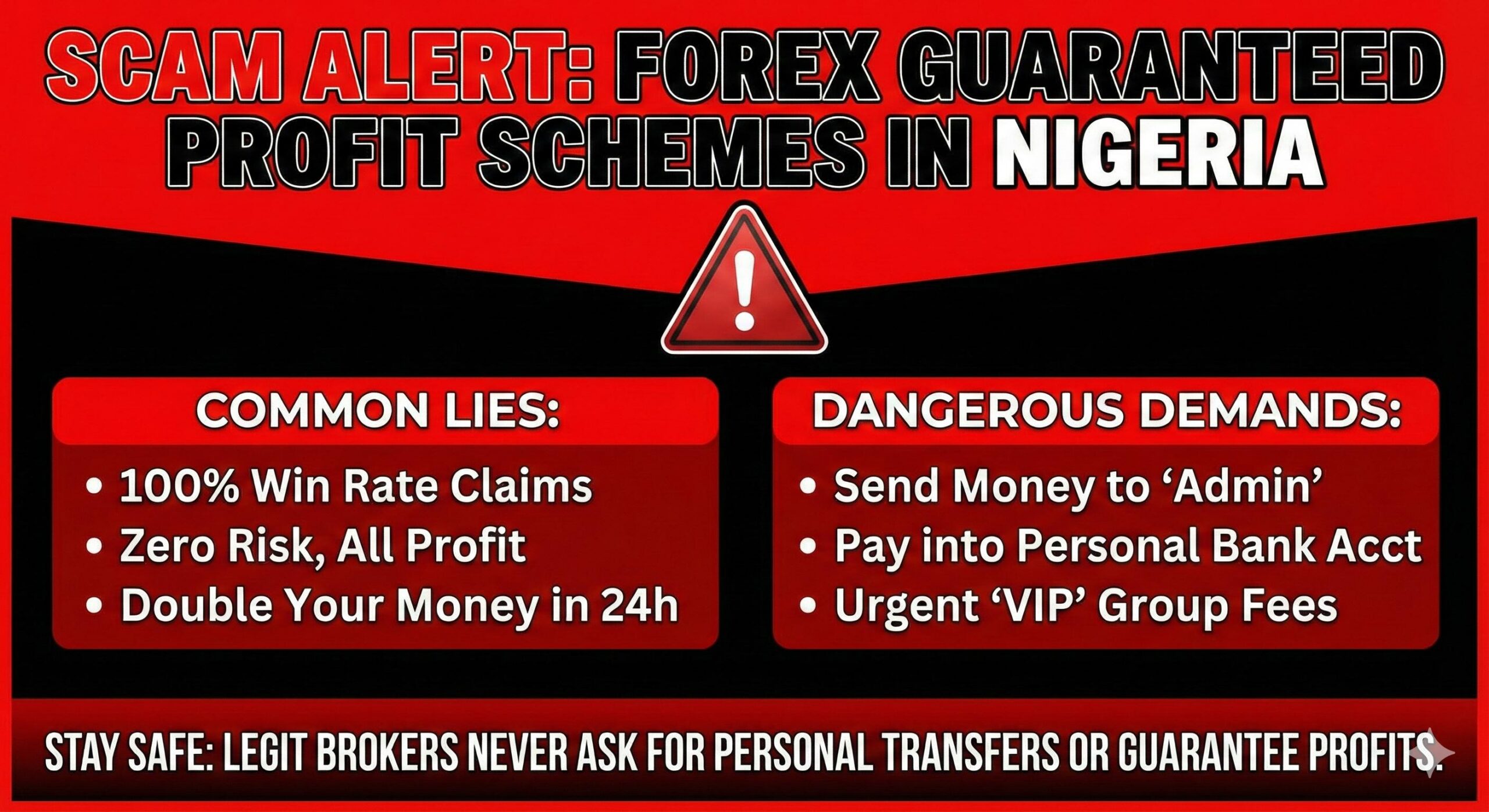A red warning graphic listing red flags like _100% Win Rate_ and _Send Money to Admin._