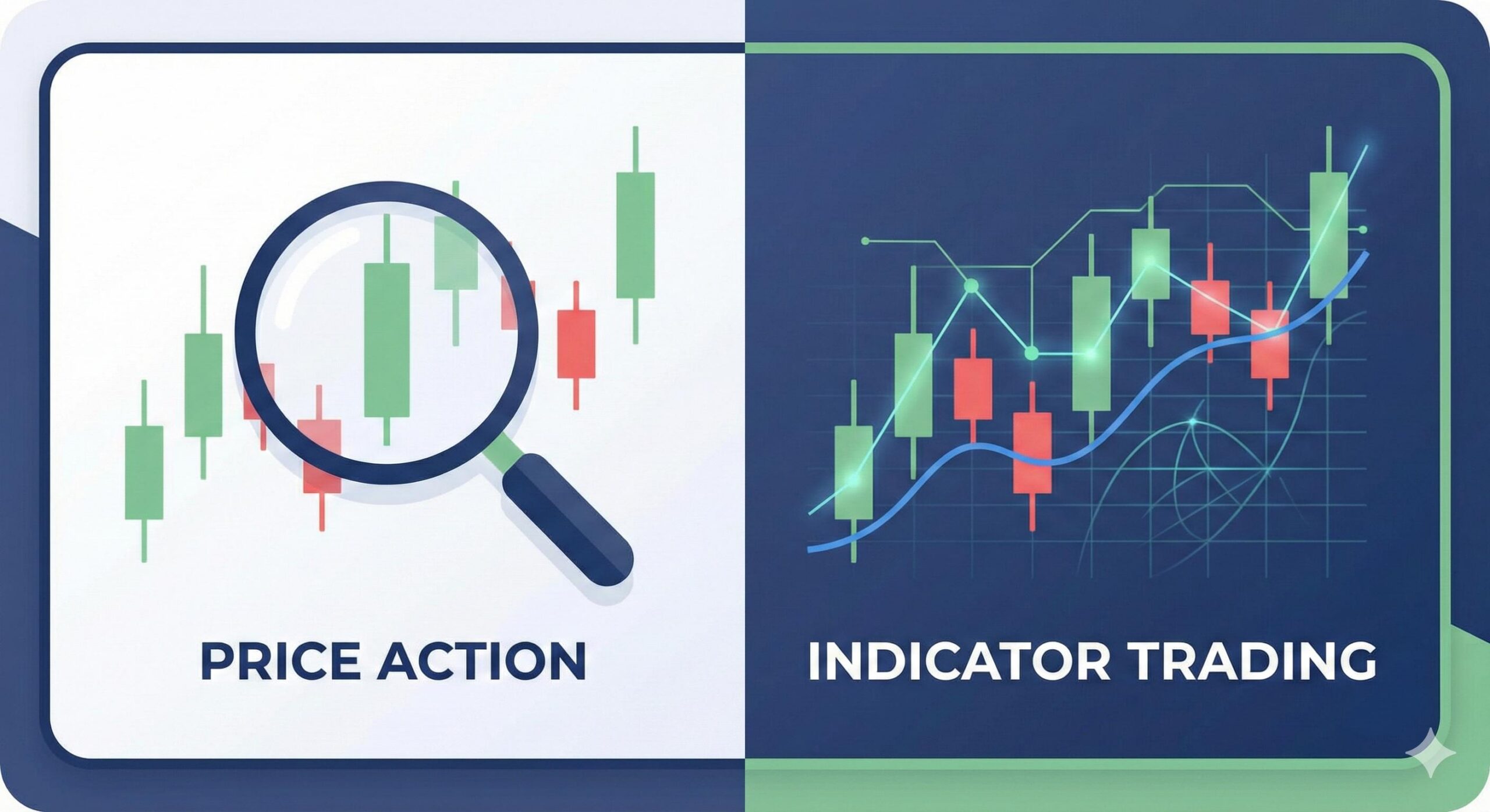 A split-screen educational illustration comparing clean price action candlestick charts with technical indicator charts.
