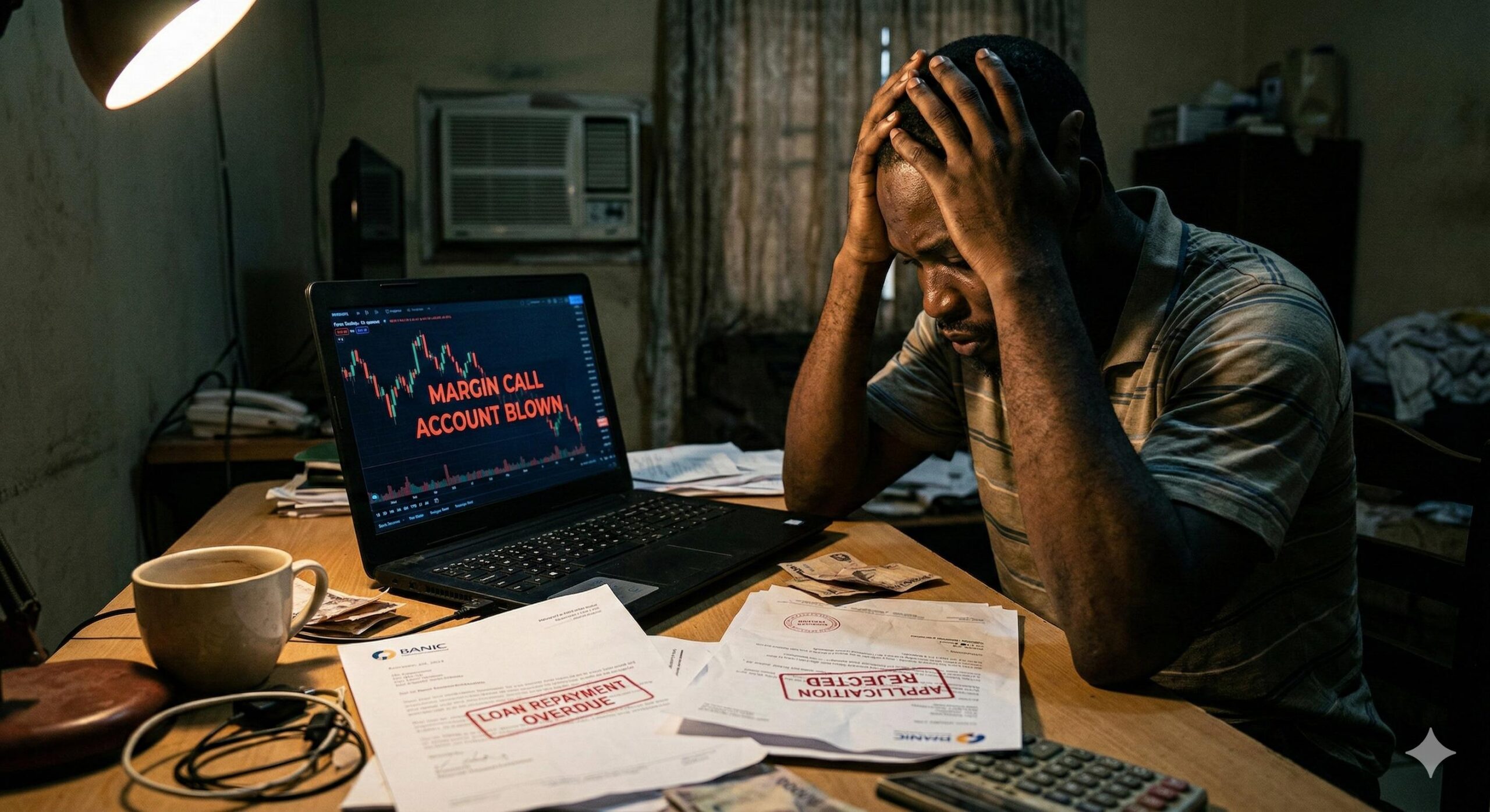 A stressed applicant facing financial difficulty due to trading losses and loan debt.