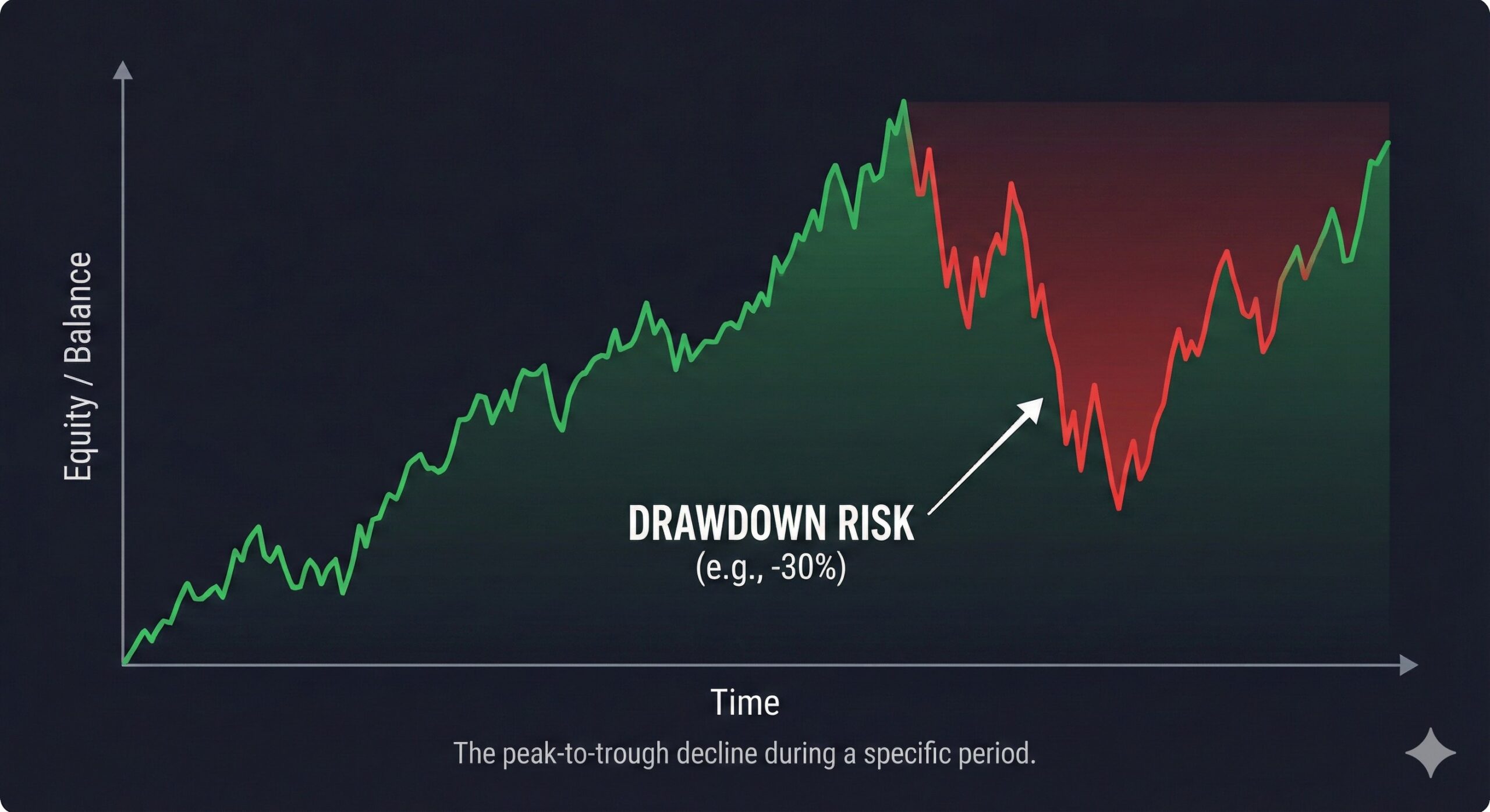A trading chart highlighting a dip in the equity curve labeled as 'Drawdown Risk'.