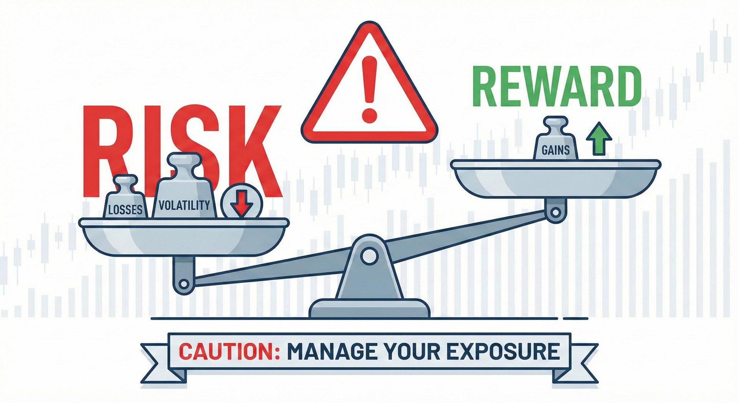 A vector image of a scale balancing _Risk_ and _Reward,_ emphasizing caution.