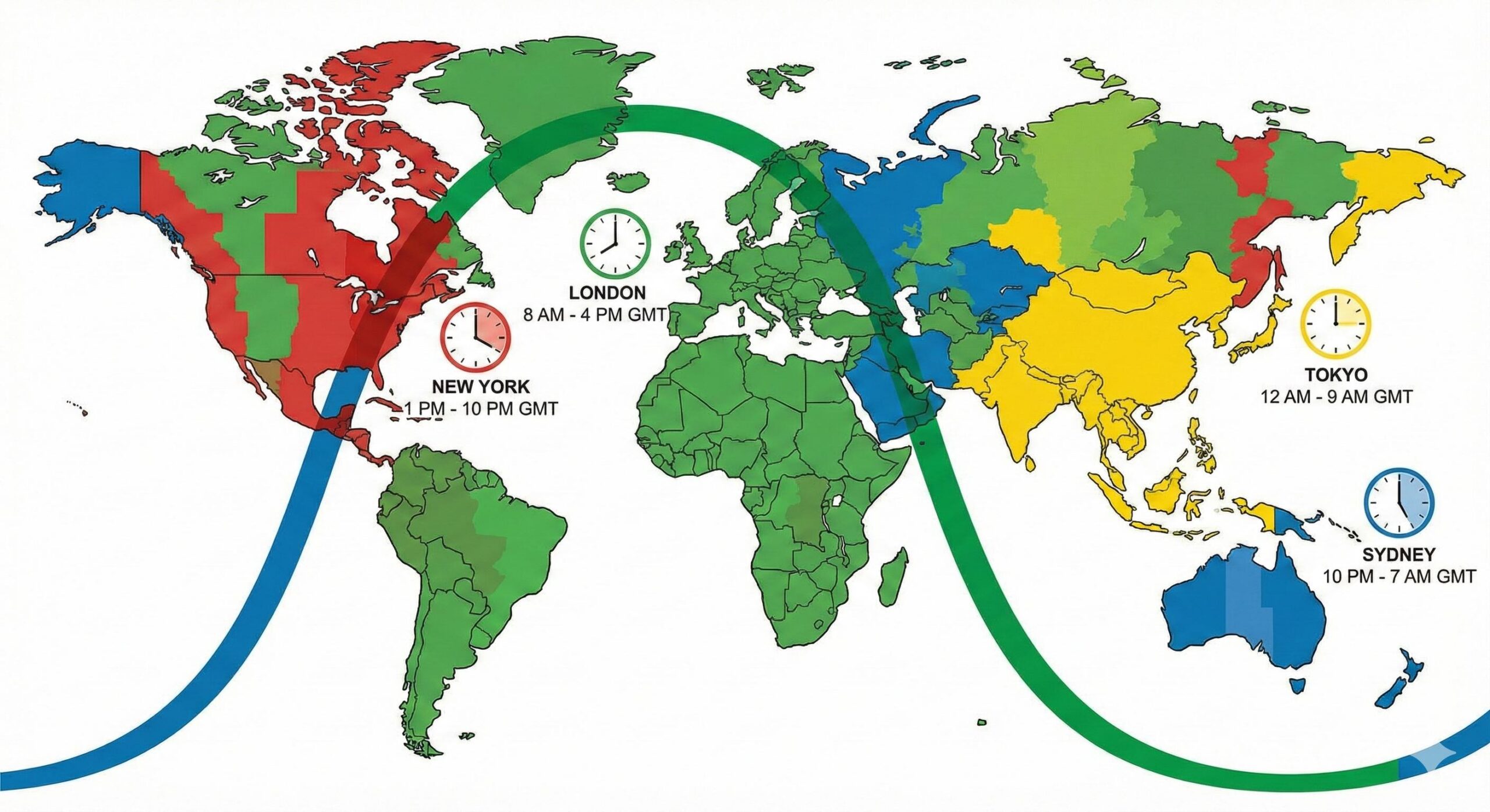 A world map highlighting the four major financial centers and their operating hours.
