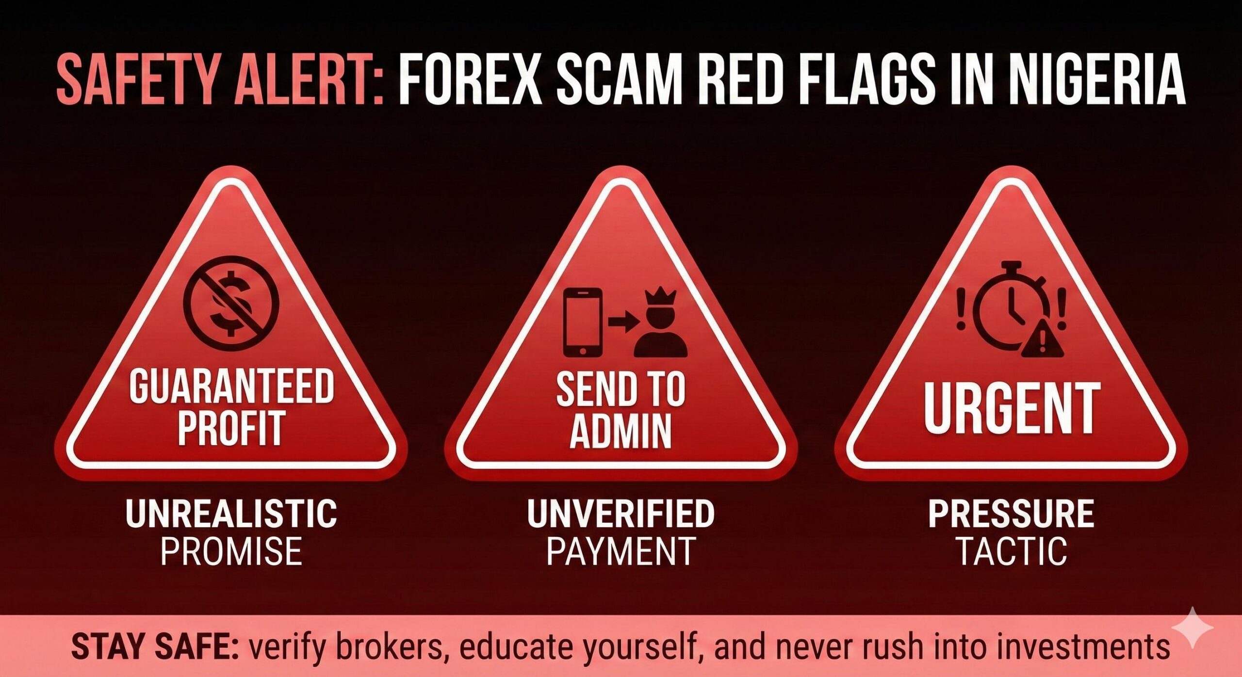 AlertRed warning signs for forex investment scams in NigeriaA graphic listing red flags_ _Guaranteed Profit,_ _Send Money to Admin,_ _Urgent._