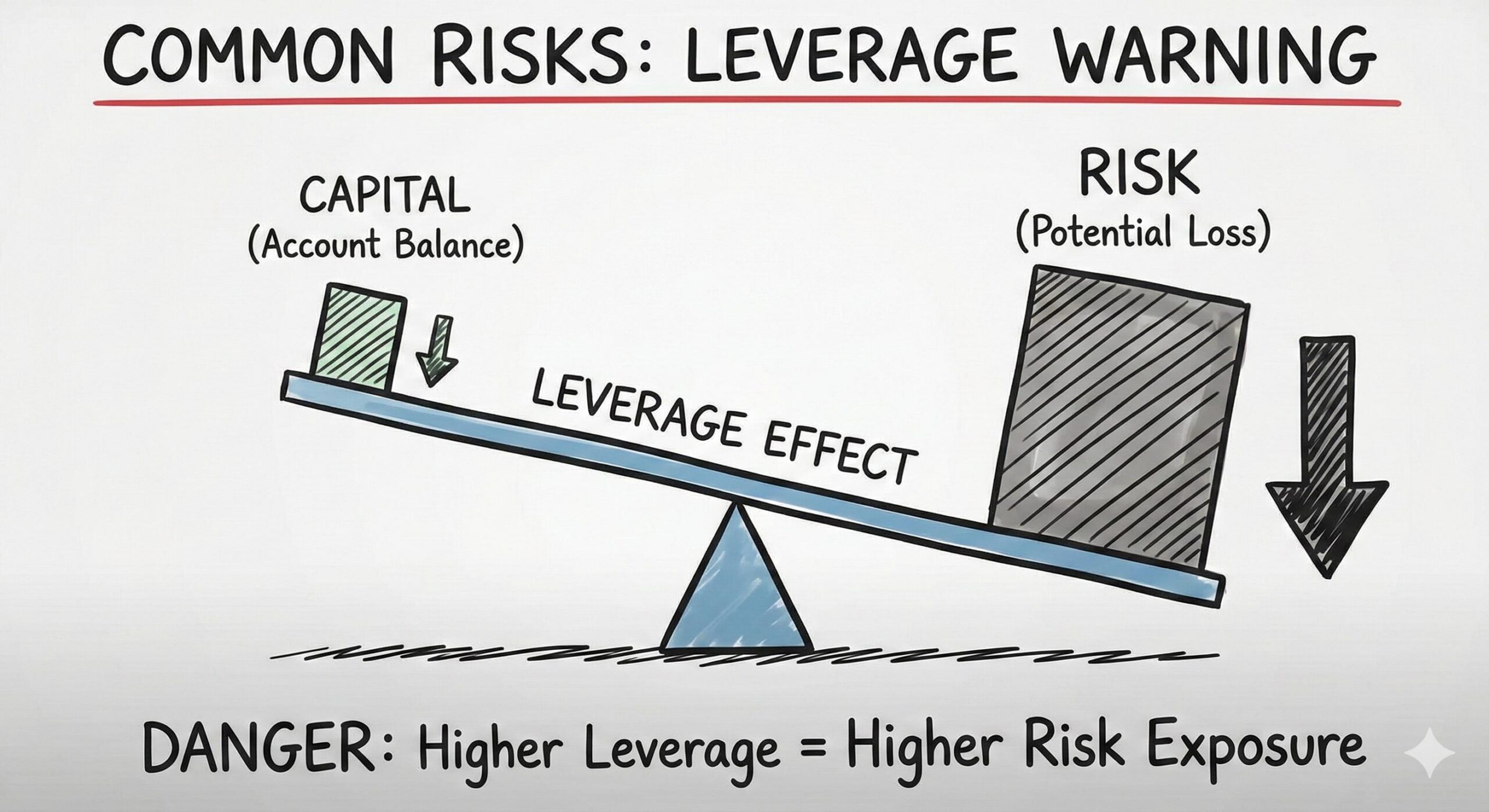 An educational diagram showing a seesaw balancing _Capital_ and _Risk,_ tipping towards risk to illustrate leverage dangers. An educational diagram showing a seesaw balancing _Capital_ and _Risk,_ tipping towards risk to illustrate leverage dangers.