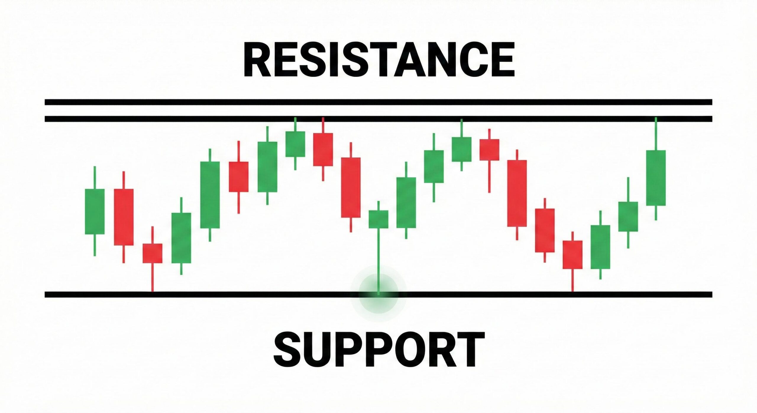 An educational diagram showing naked forex candlesticks bouncing between manual support and resistance levels.