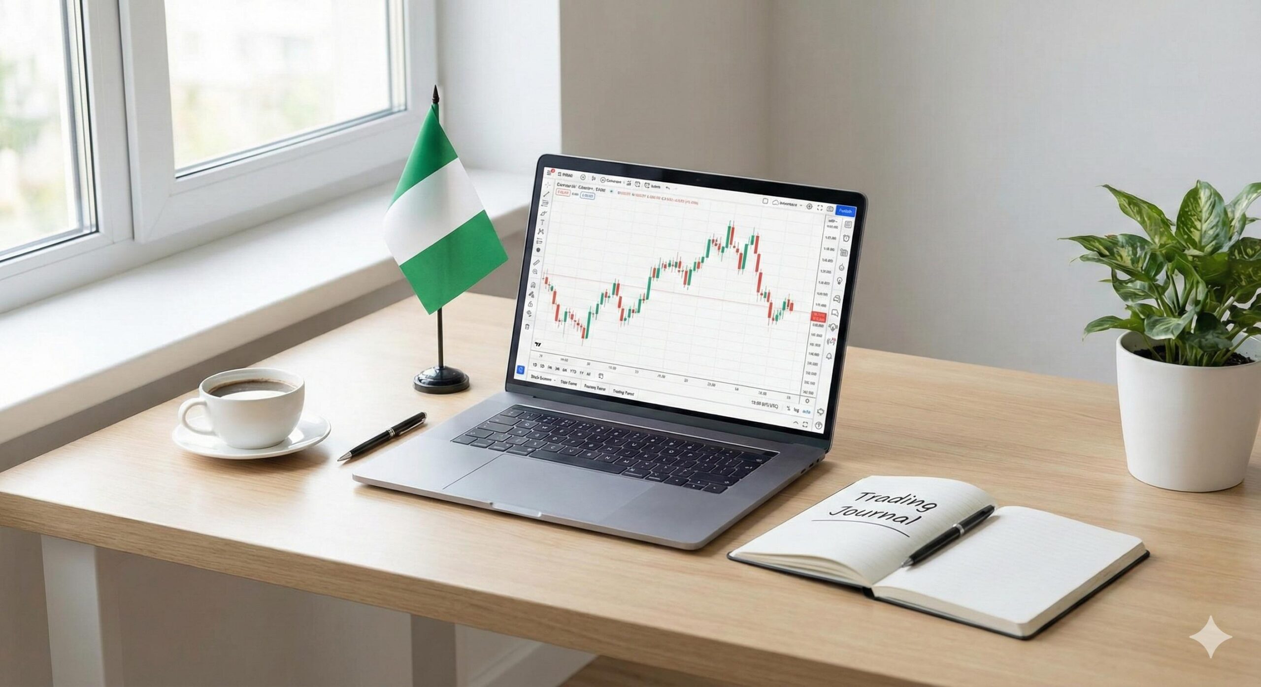 Beginner forex trading workspace in Nigeria with laptop chart and trading journal.